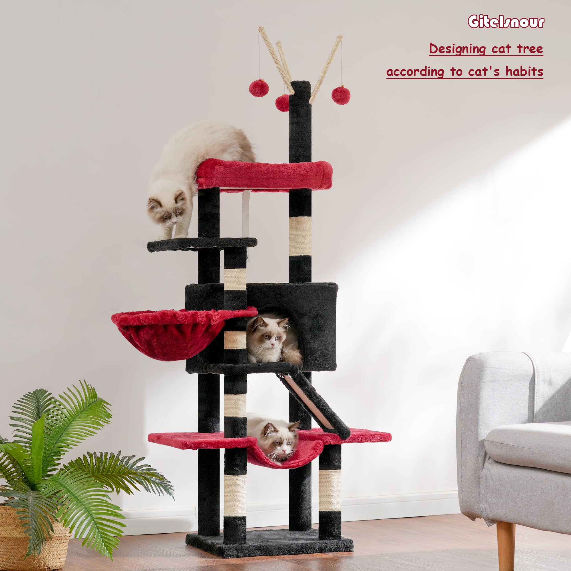 Gitelsnour Cat Tree, 63 Inch Multi-Level Gothic Cat Tower For Indoor Cats, Cat Condo With Cat Scratching Post And Board, Cat Ham