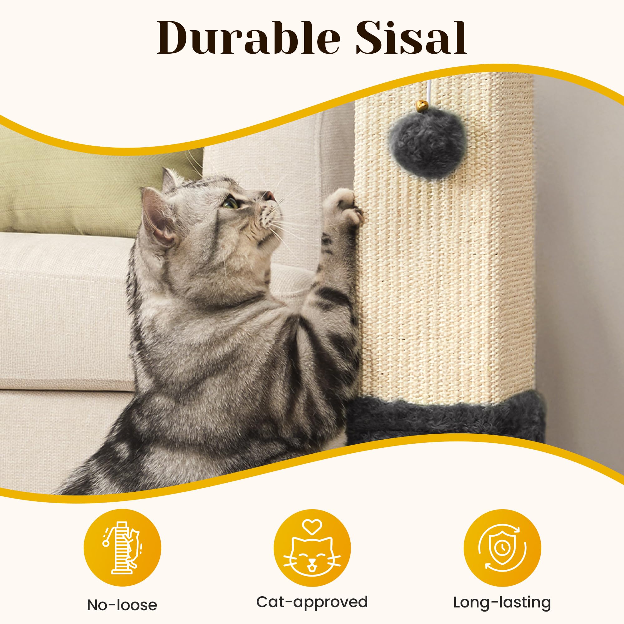 Fansafurn Cat Scratching Post with Hanging Toy Ball, 32-Inch Tall Sisal Cat Scratcher for Indoor Cats, Grey