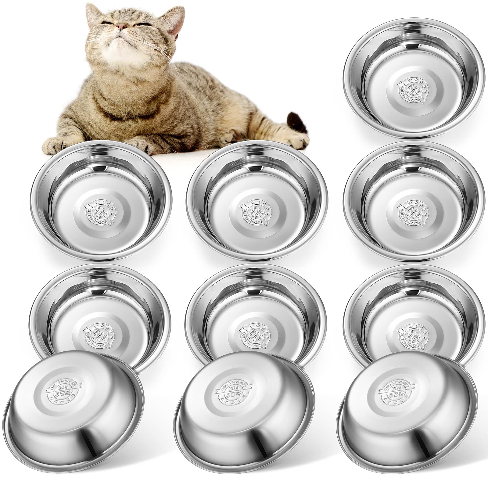 Mimorou 10 Pcs Stainless Steel Cat Bowls Bulk, Small Dog Shallow Food Bowls Replacement Metal Cat Dishes for Pet Food and Water,