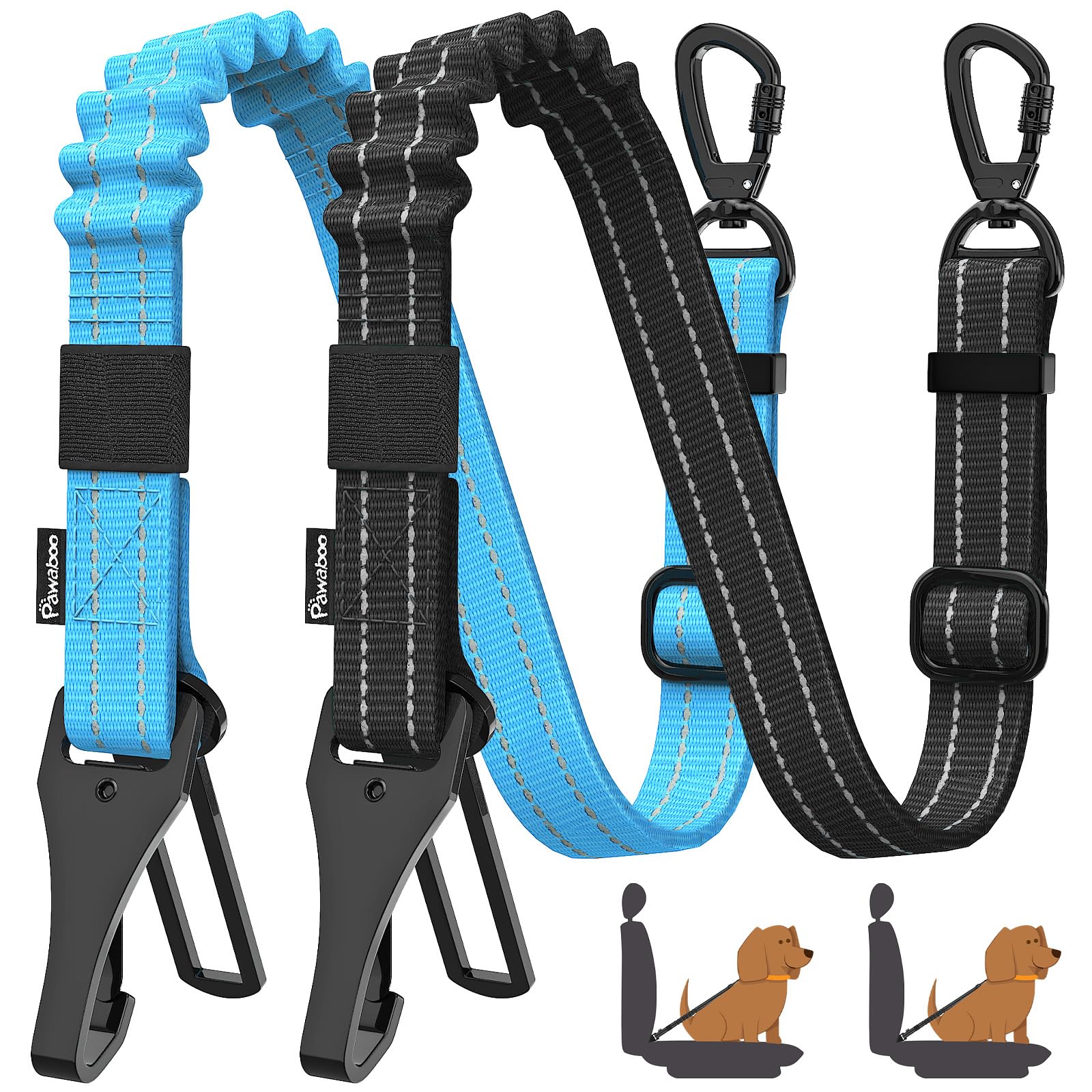Pawaboo 2Pack Dog Seatbelt for Car, 3-in-1 Dog Seat Belt Bungee, Shockproof Dog Tether for Car with Buckle & Hook Latch, Adjusta