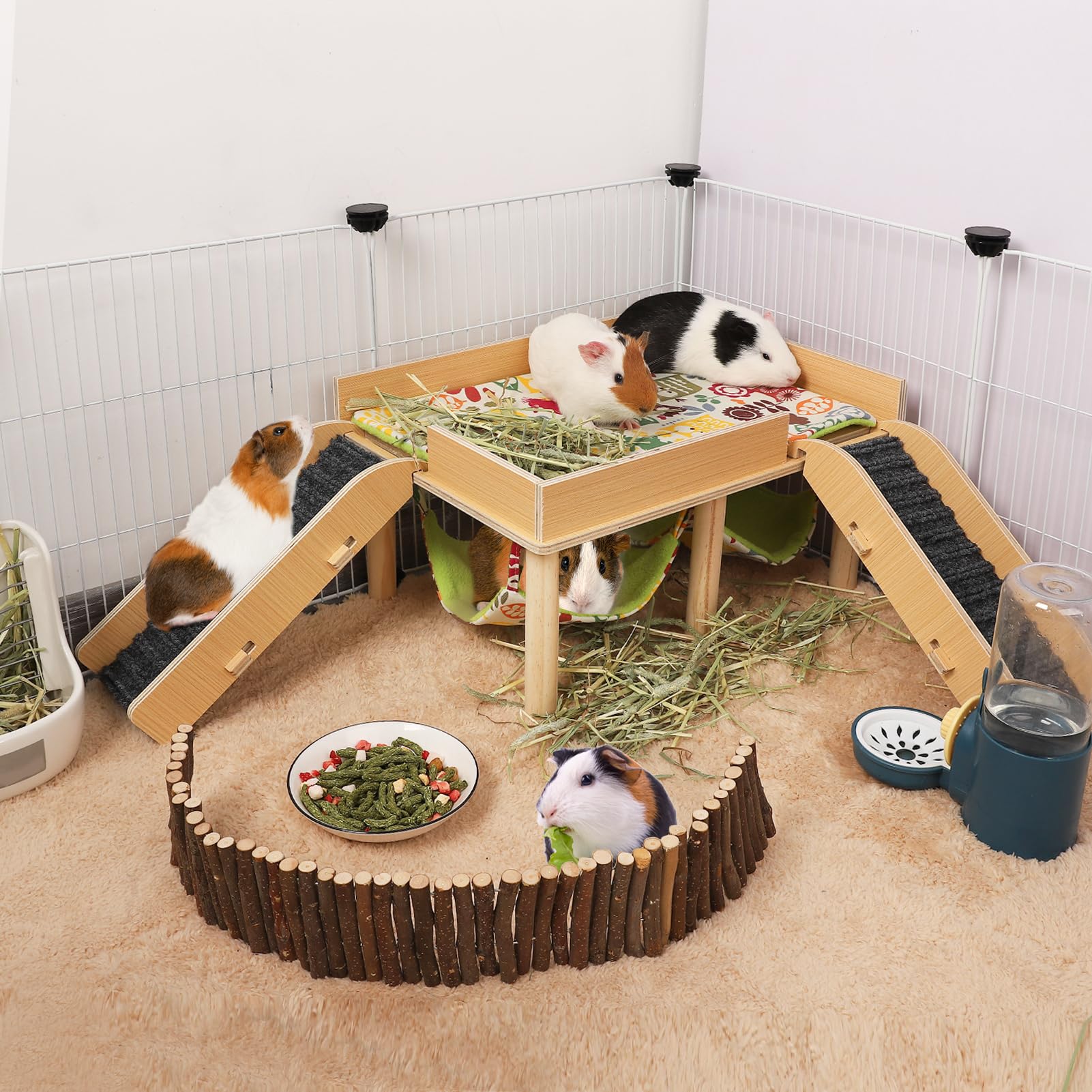 Mewtogo Guinea Pigs Hammock With Platform, Wooden Guinea Pig Hideout With Stairs, Safe And Durable Small Pet Bed For Piggies Chi