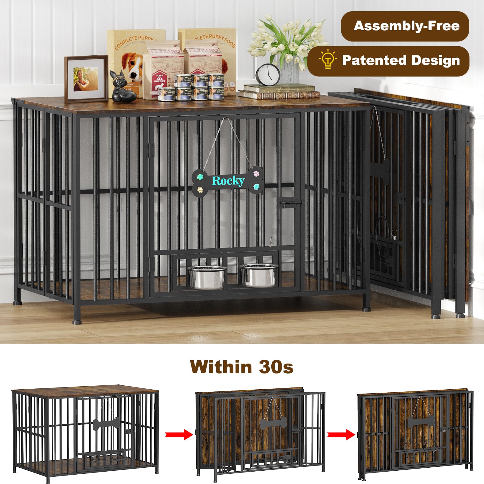 Easycom 43 Dog Crate Furniture Foldable, No Assembly Decorative Dog Kennel Indoor, XL Dog Crates for Large Dogs (60-80 lbs), Woo