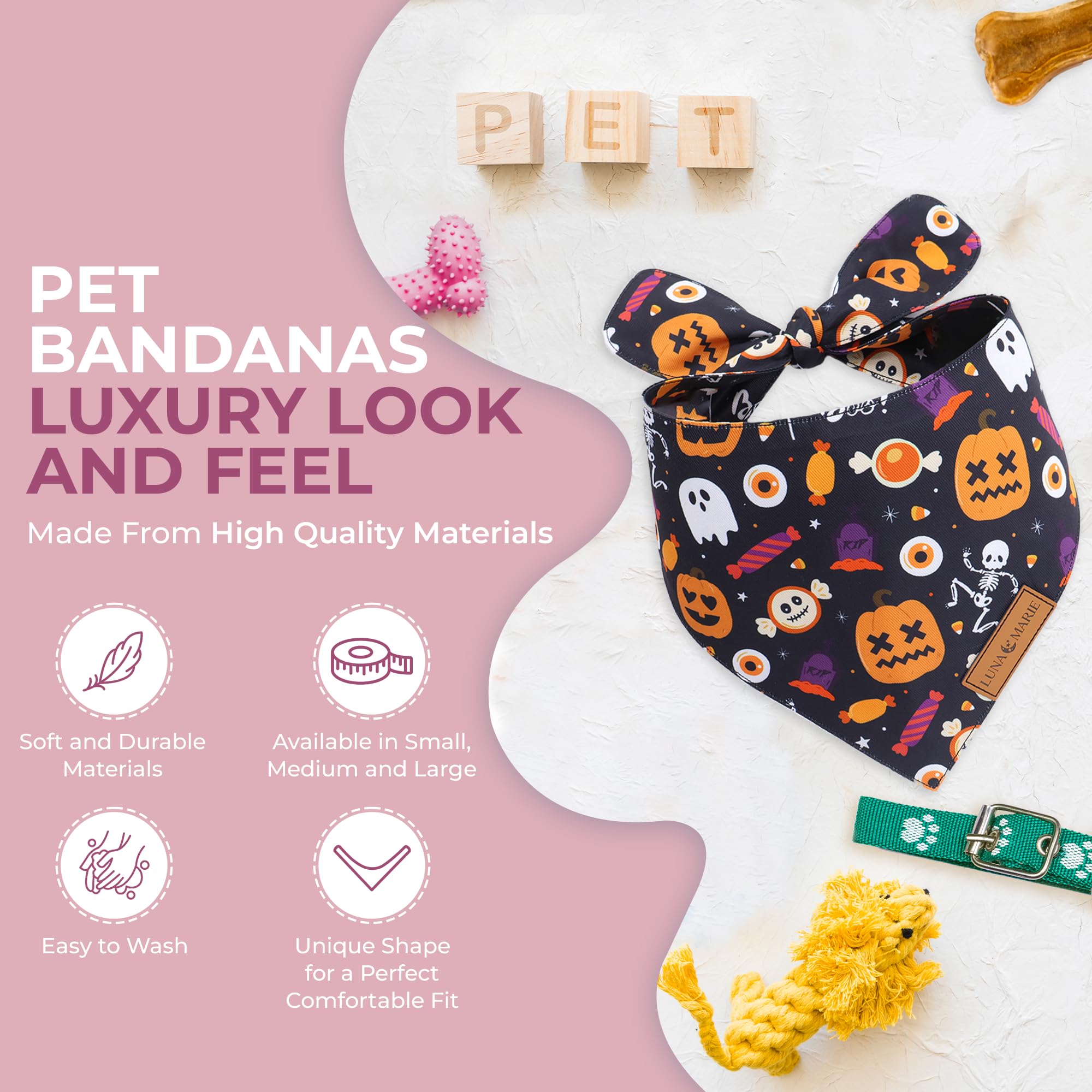 Lunamarie - Luxury Cat And Dog Bandanas - Halloween Designs | Premium Silky Poly Fabric | 100% Handmade Custom Shape Dual Layered Small, Medium, Large Cat Scarf (Trick-Or-Treat, Small)