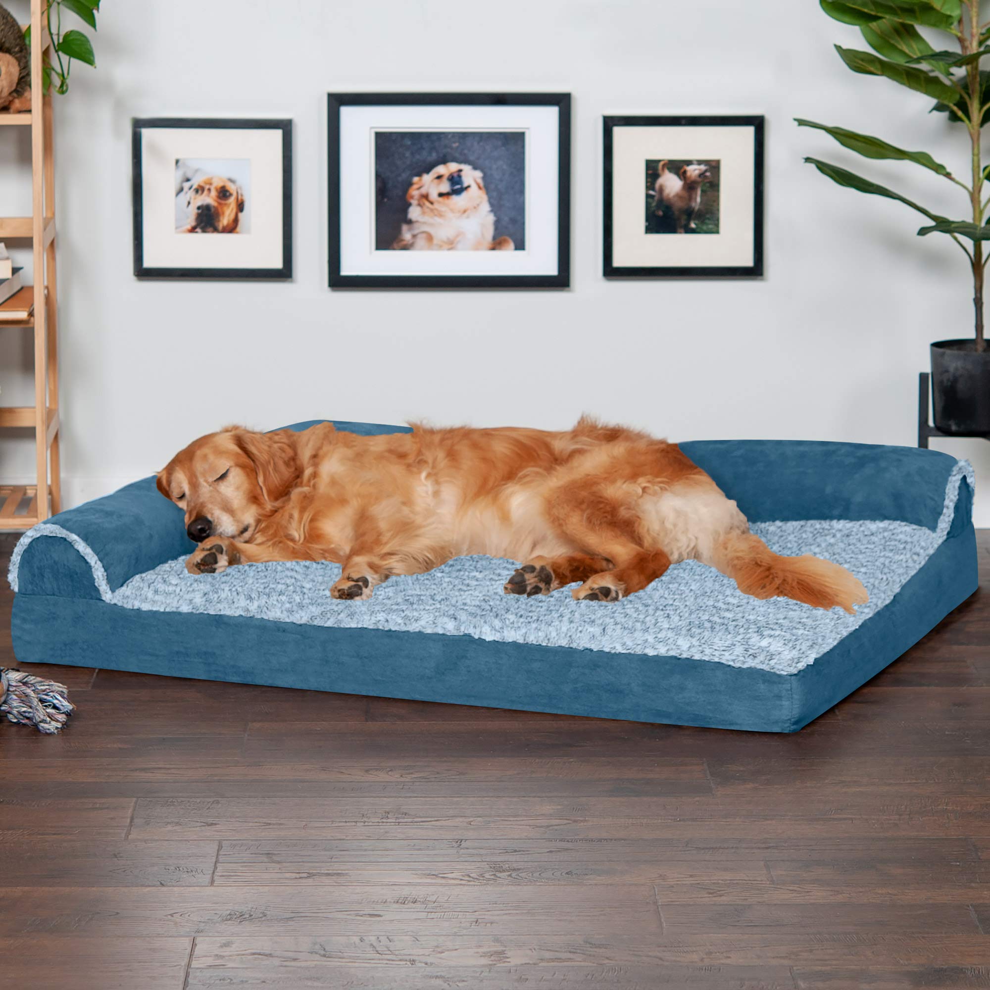 Furhaven Orthopedic Dog Bed For Large Dogs W/ Removable Bolsters & Washable Cover, For Dogs Up To 95 Lbs - Two-Tone Plush Faux Fur & Suede L Shaped Chaise - Marine Blue, Jumbo/Xl