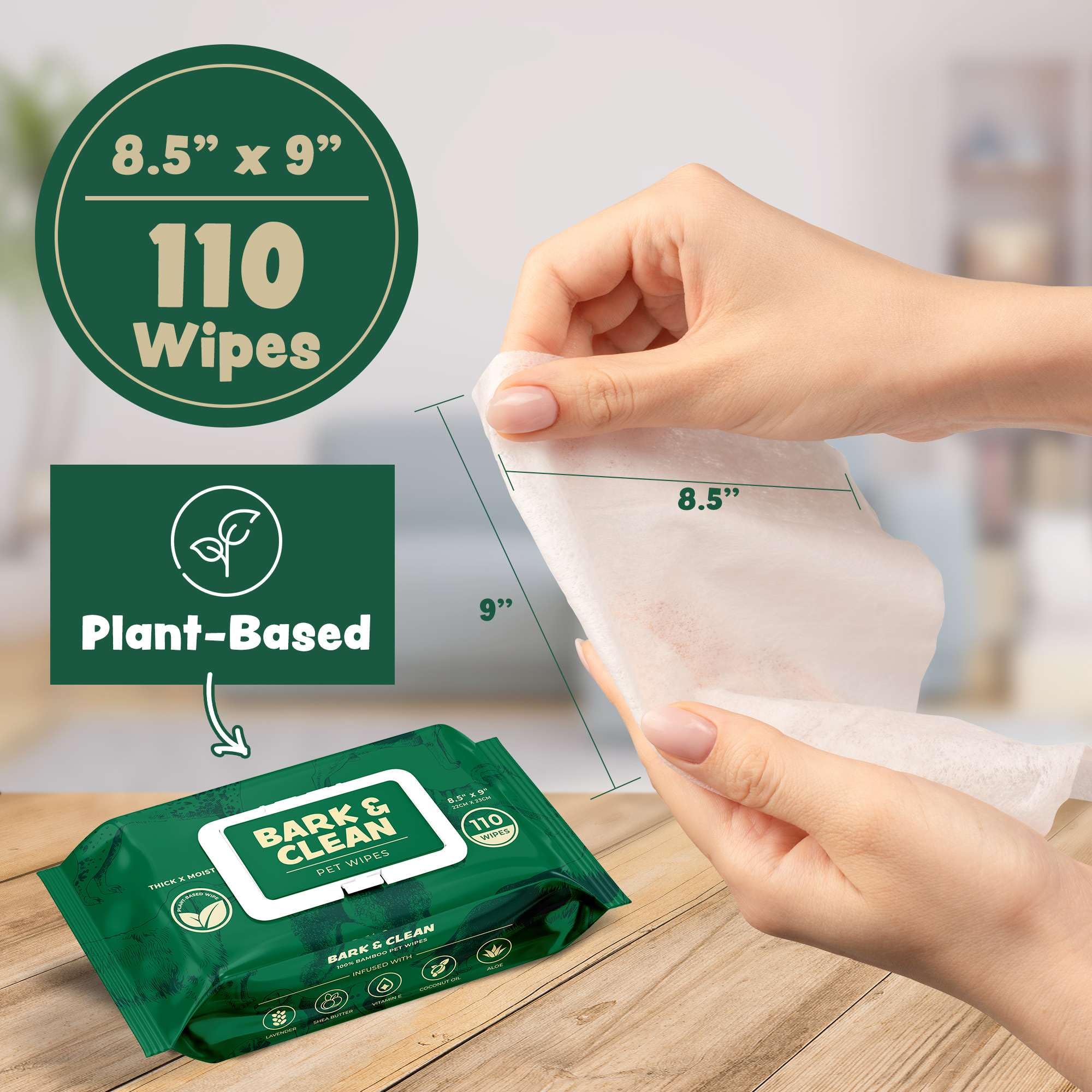 Bamboo Dog Wipes For Cleaning & Deodorizing - 8.5'' X 9'' 110 Compostable Hypoallergenic Pet Wipes For Dogs - Paws, Butt & Body