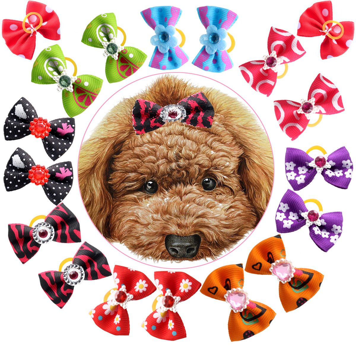 Yoy 50 Pcs Adorable Grosgrain Ribbon Pet Dog Hair Bows With Elastic Rubber Bands - Doggy Kitty Topknot Grooming Accessories Set
