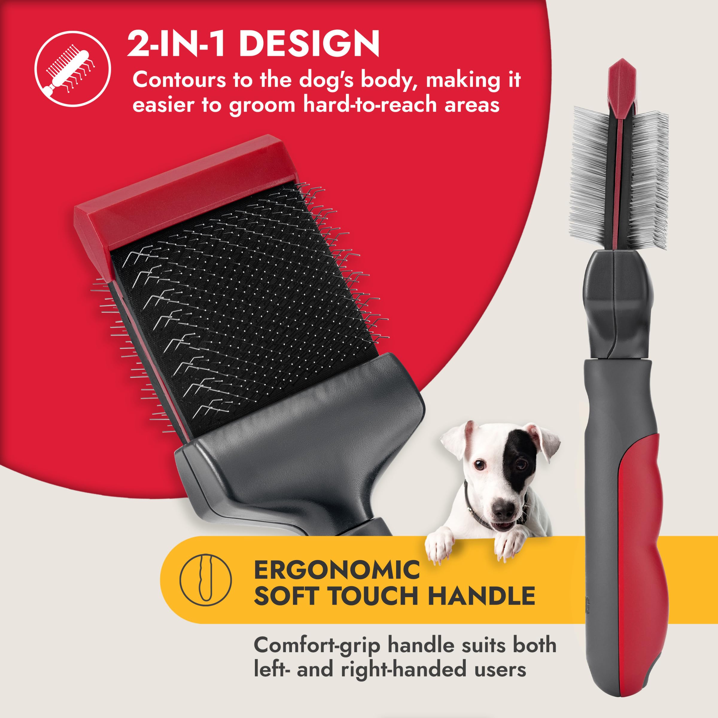 KONG Double-Sided Flexible Slicker Brush - De-Shedding & Detangling Tool, Padded Grip, Long Metal Pins, Flexible Head, for Mediu