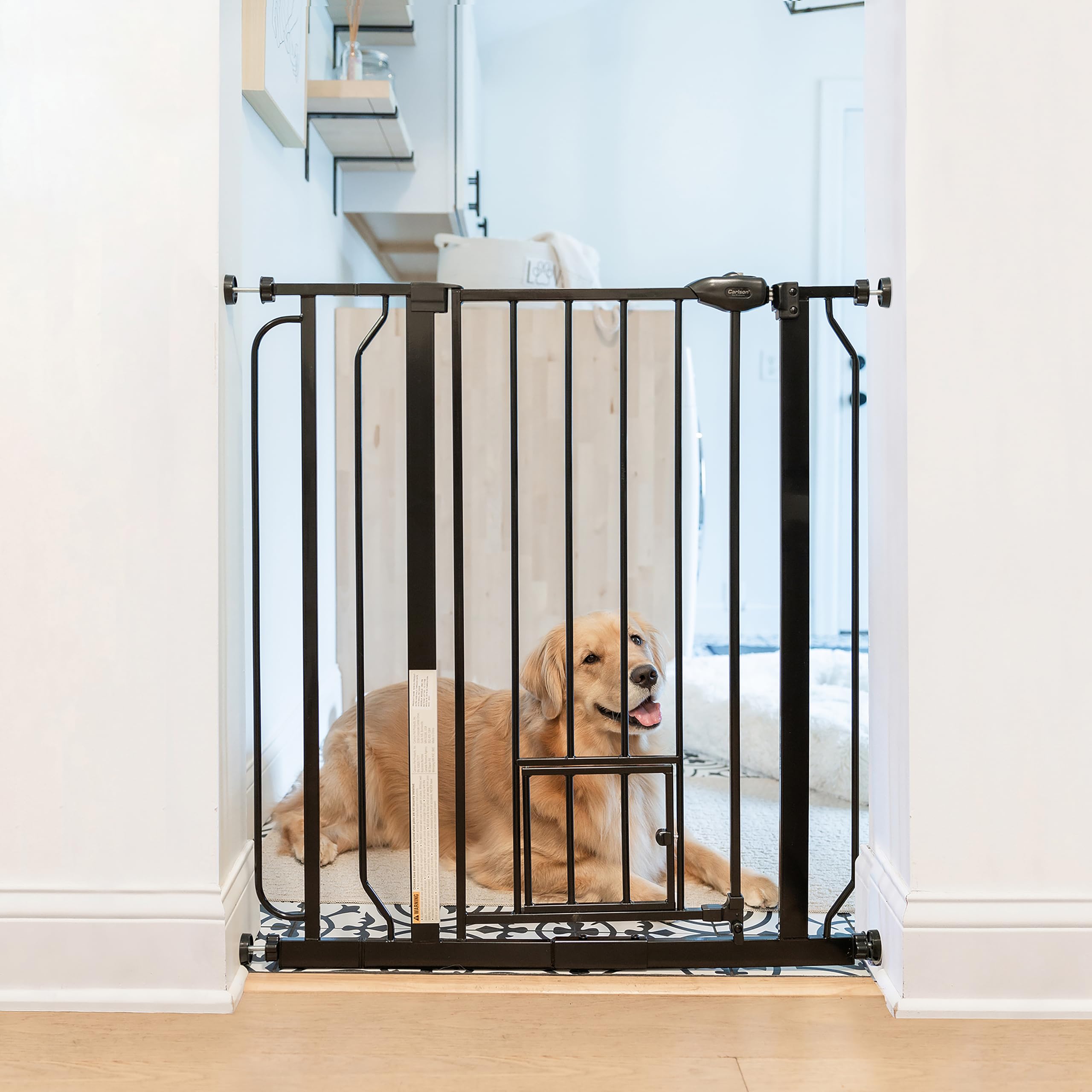 Carlson Extra Tall Walk Through Pet Gate With Small Pet Door, Includes 4-Inch Extension Kit, 4 Pack Pressure Mount Kit And 4 Pack Wall Mount Kit, Black