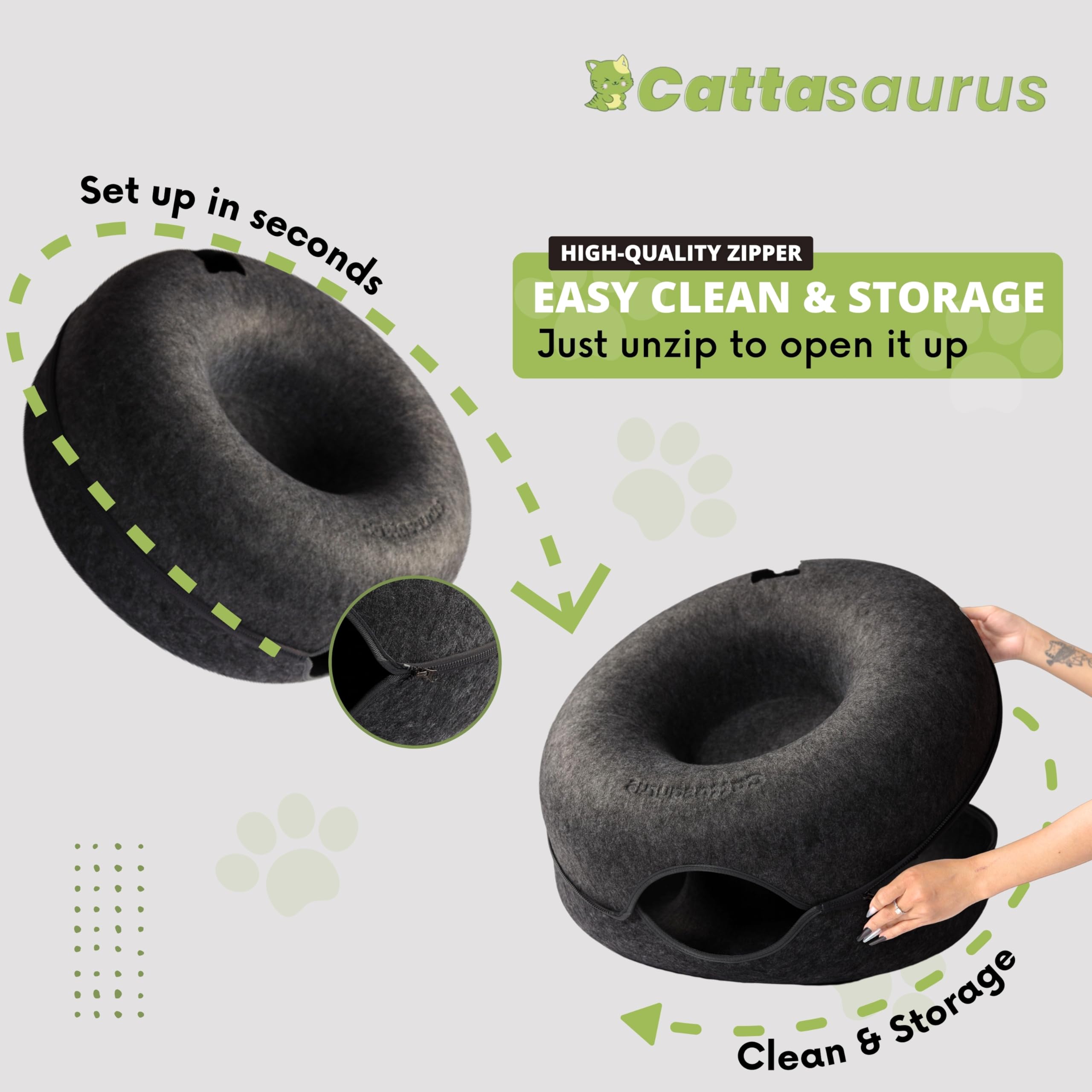 Cattasaurus Peekaboo Cat Cave For Multiple & Large Cats Up To 30-45 Lbs, Scratch Detachable & Washable Tunnel Bed, Comfy Donut Cat Cave (Dark Gray, Jumbo)
