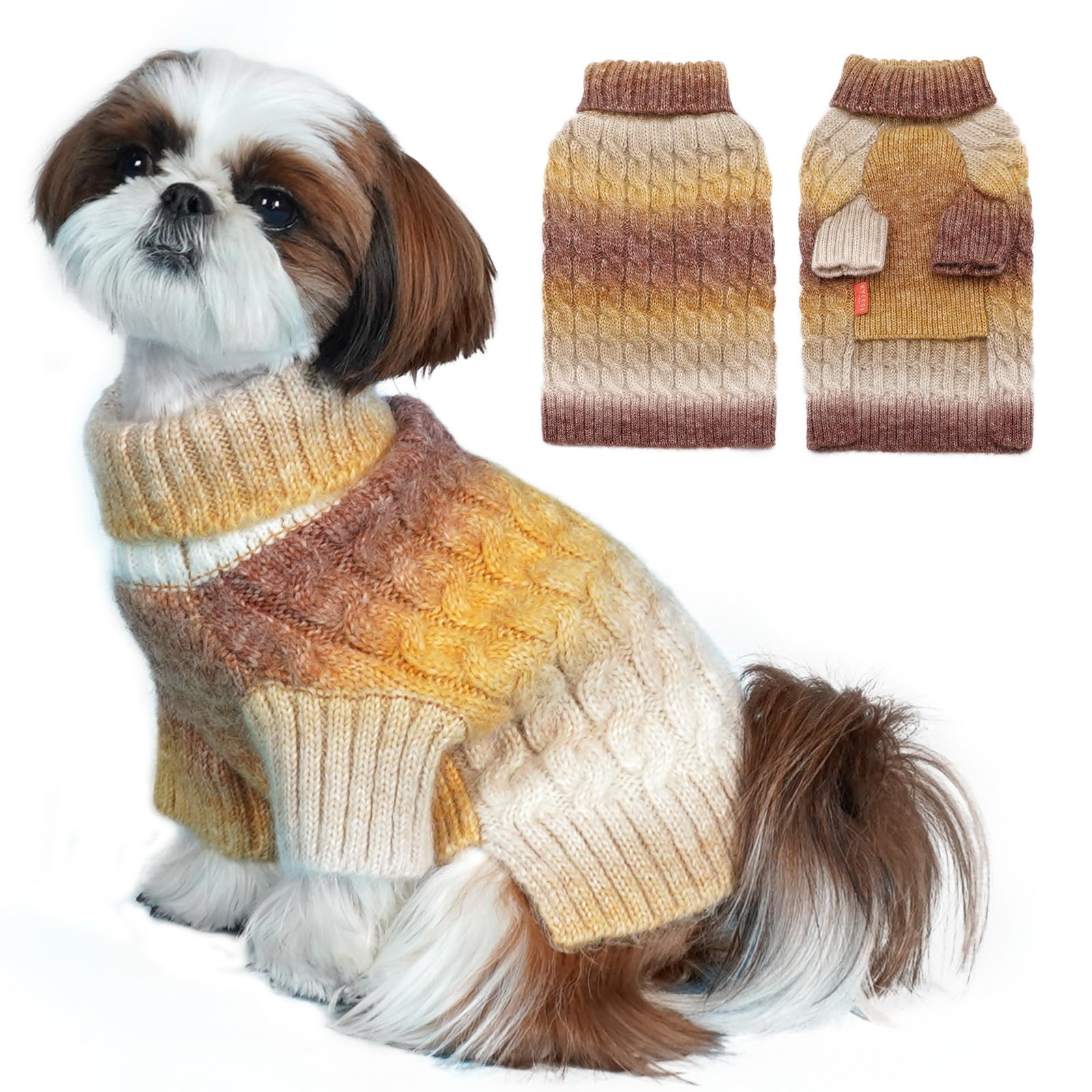 Kyeese Dog Sweater Cable Knit Thick Fuzzy Dog Knitwear Turtleneck Warm With Sleeves Dogs Clothes Gradient Color, Brown, Xlarge