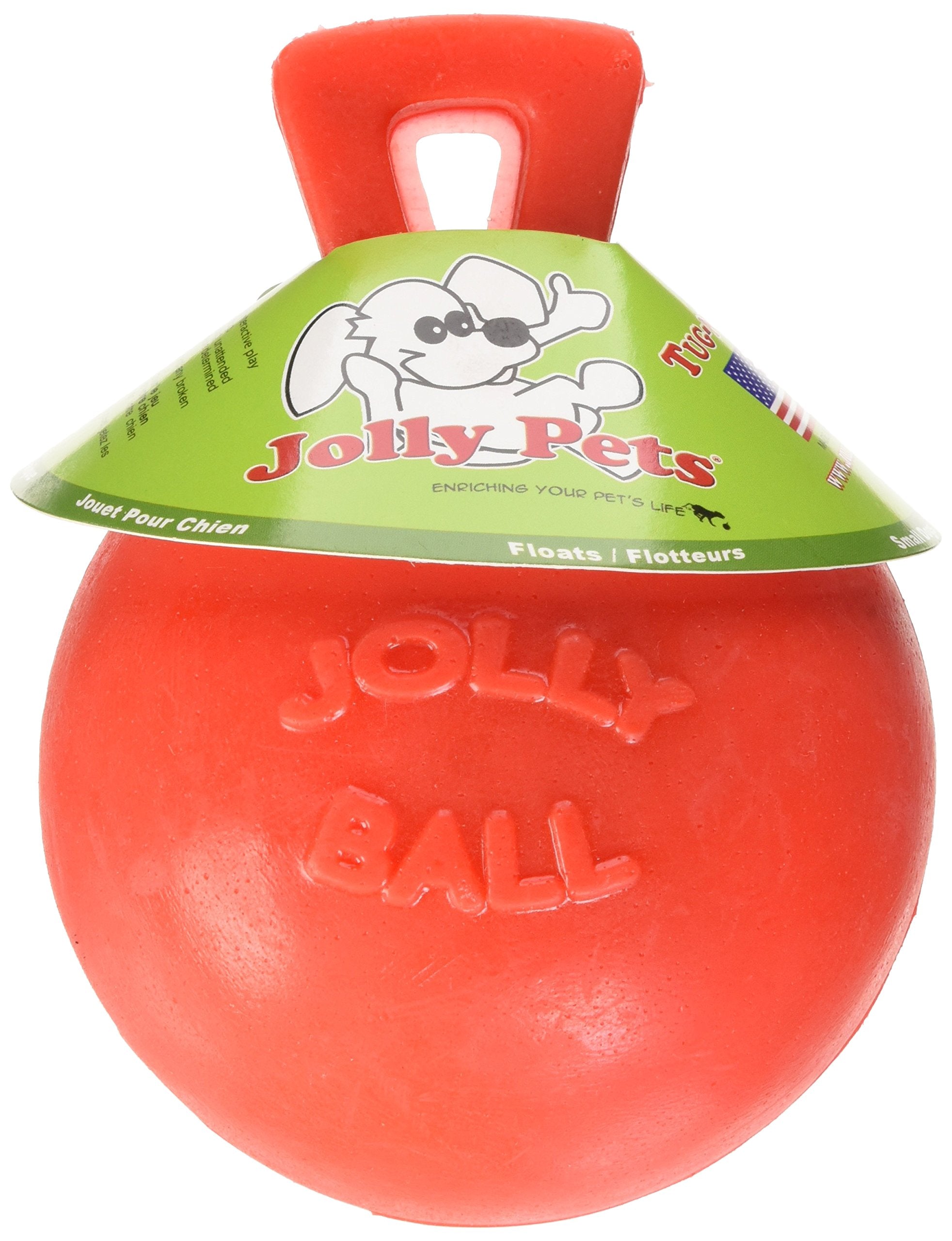 Jolly Pets Tug-N-Toss Heavy Duty Dog Toy Ball With Handle, 4.5 Inches/Small, Orange