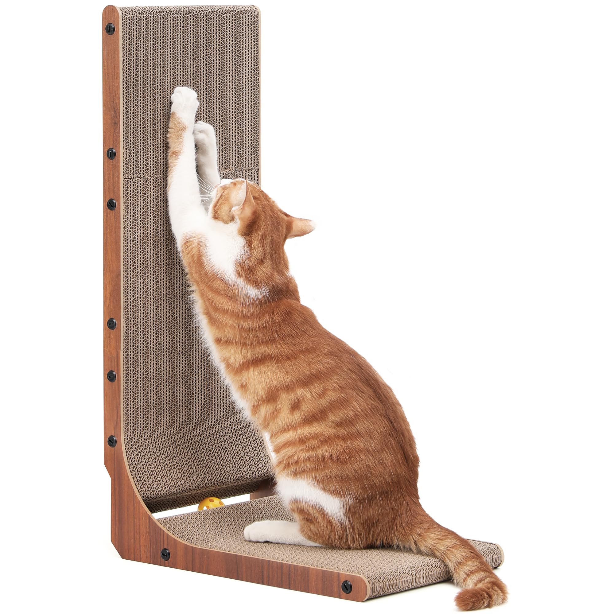 FUKUMARU Cat Scratcher, 26.8 Inch Cat Scratch Pad for Indoor Cats, L Shaped Cardboard Vertical Cats Scratching Board with Ball T