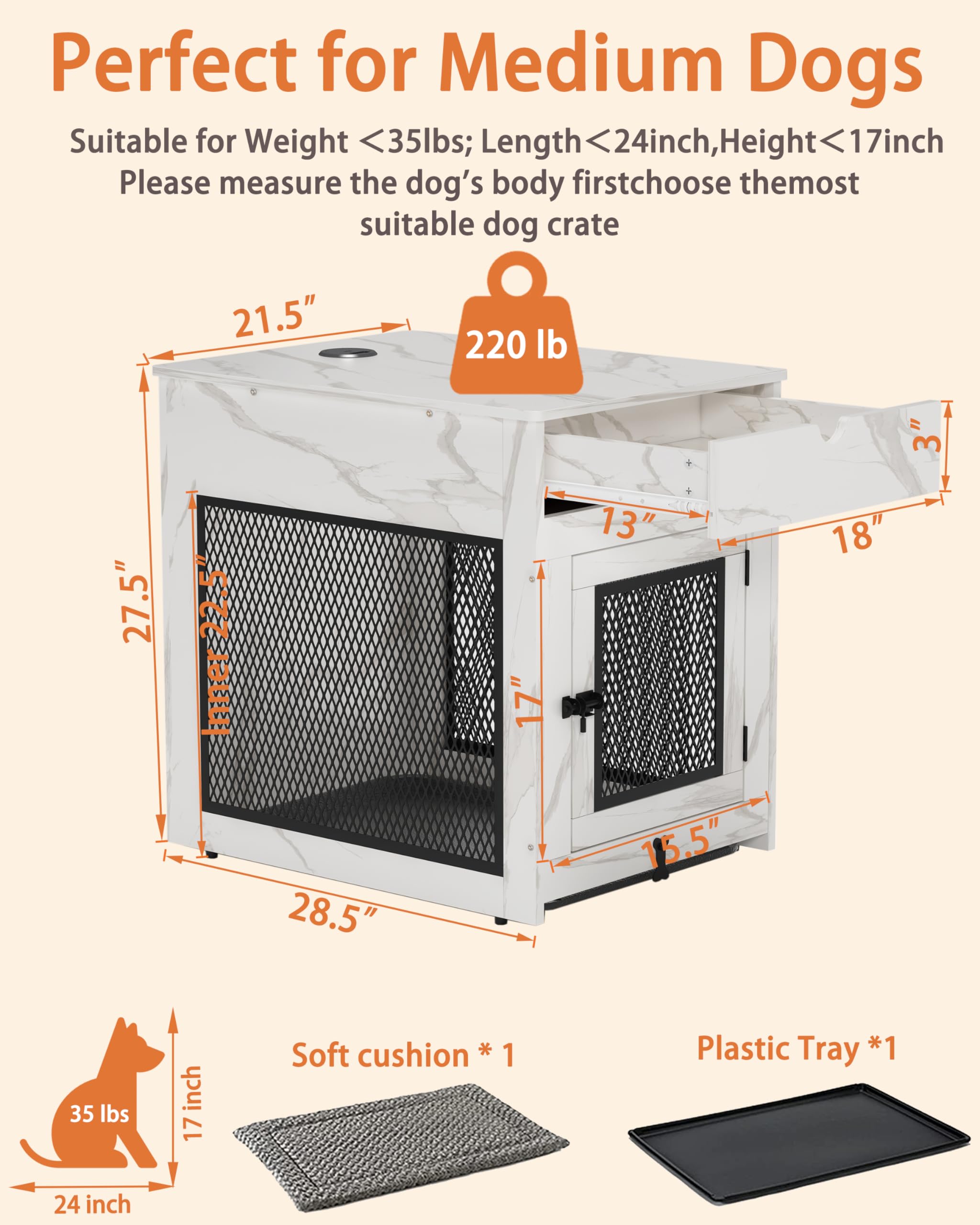 Piskyet Wooden Dog Crate End Table with Storage Drawer, QC3.0 Charging, for Medium Dogs, Marble White, 28.5"L x 21.5"W x 30.