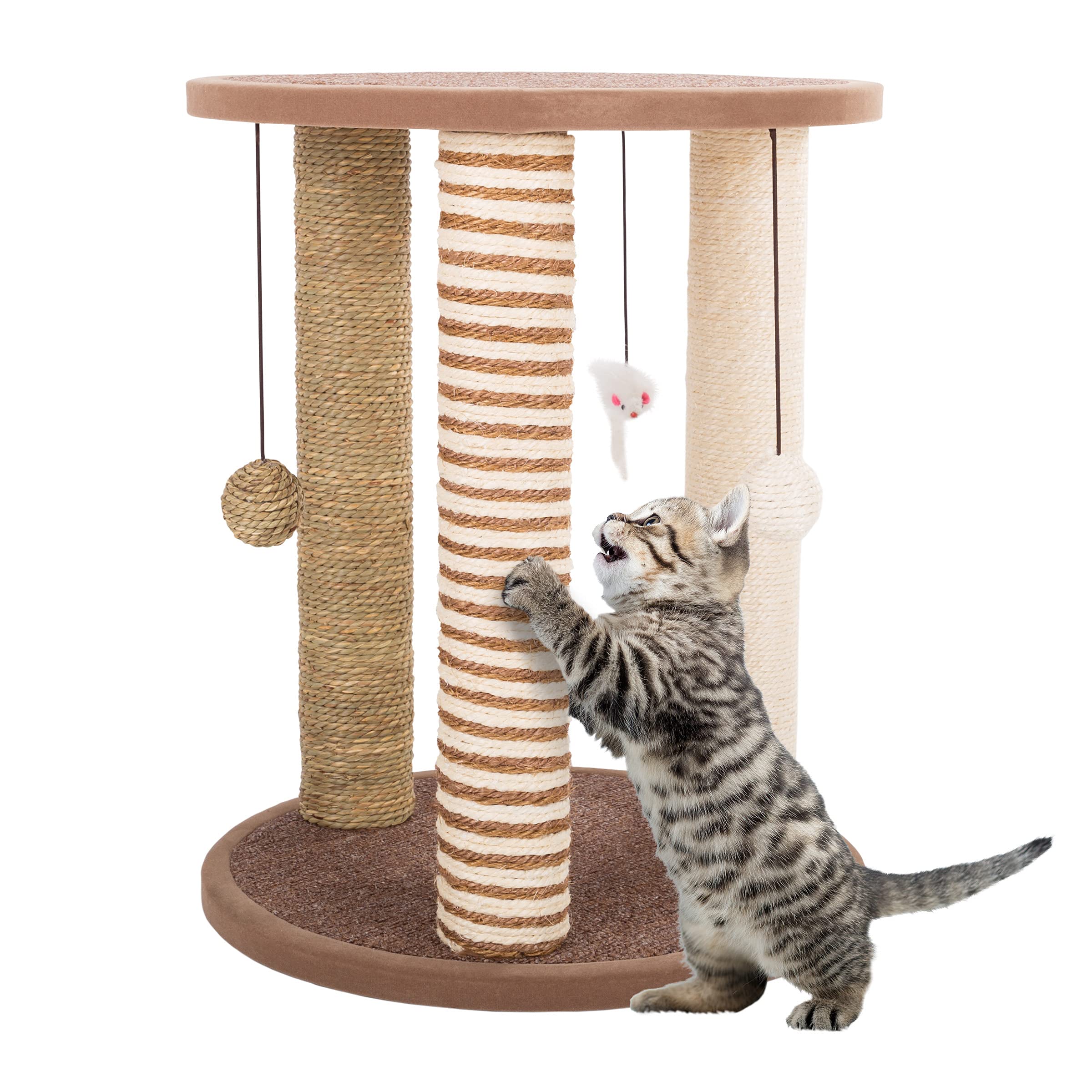 Cat Scratching Post - 3 Scratcher Posts With Carpeted Base Play Area And Perch - Furniture Scratching Deterrent For Indoor Cats 