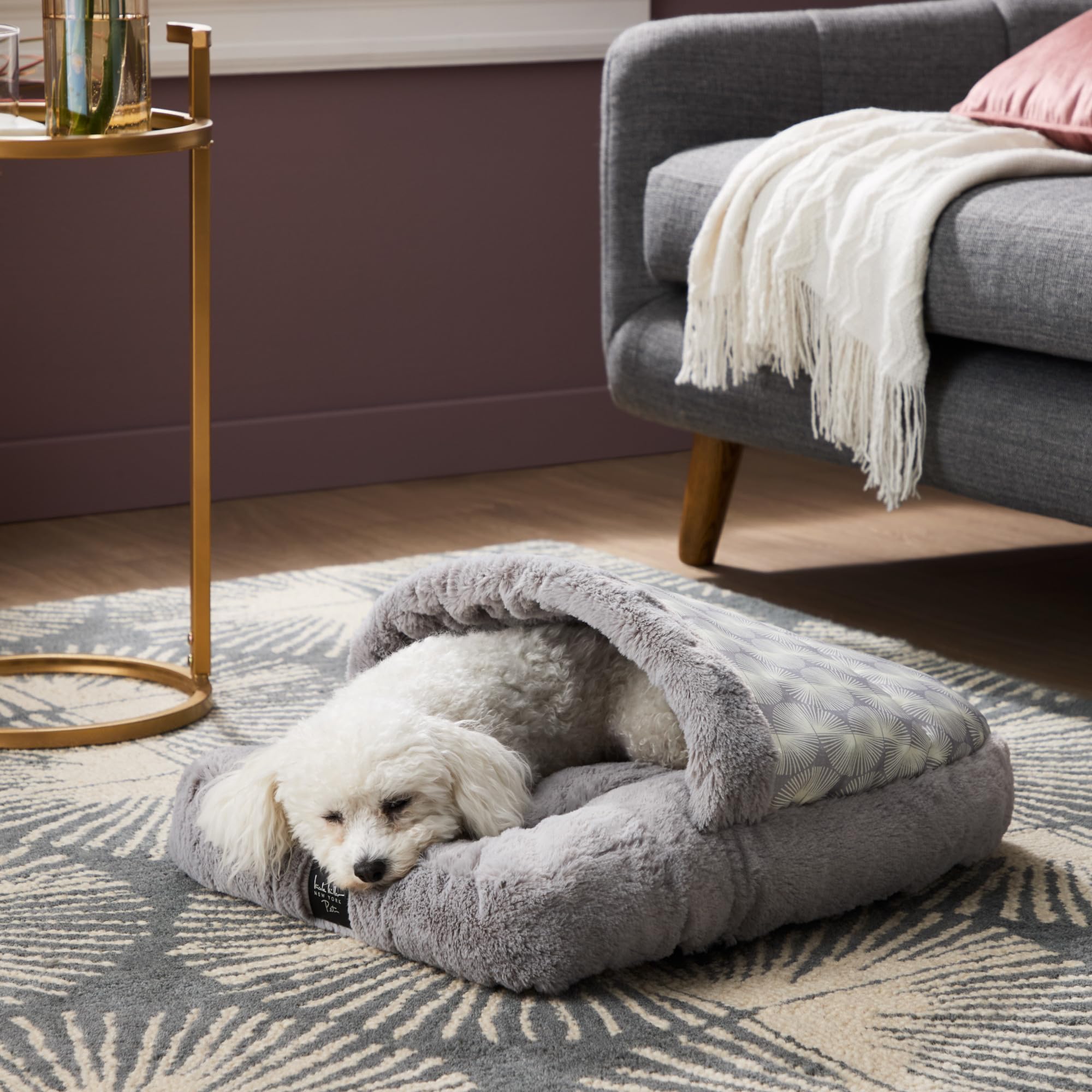 Nicole Miller New York Pet Kendall Fluted Geo Cozy Slipper Cave Pet Bed, Cozy & Calming, Non-Slip Bottom, Machine Washable, Grey
