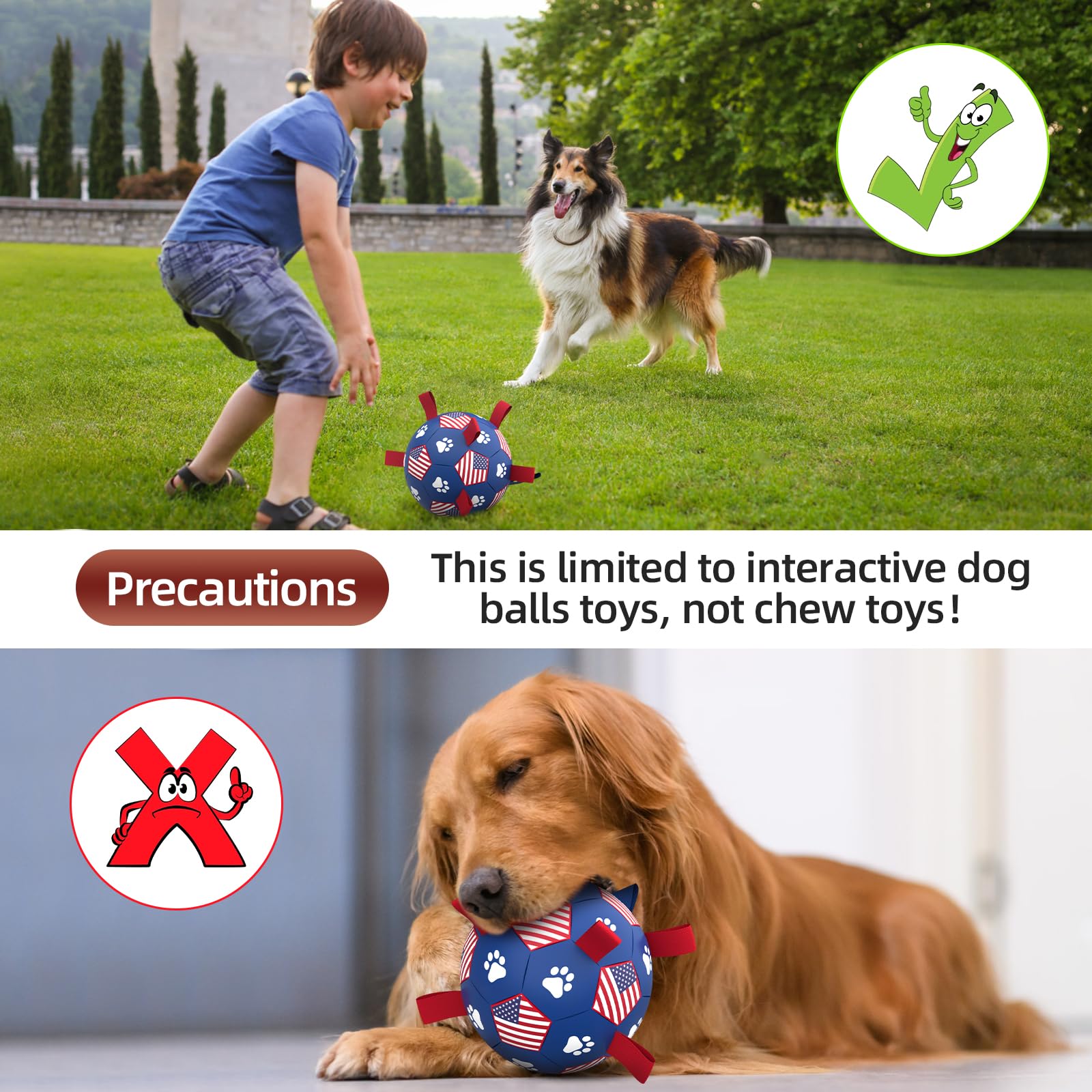 QDAN Dog Soccer Ball - Durable 6 Inch Water Toy for Small Medium Dogs, American Flag Design, Ideal for Tug of War and Beach Fun