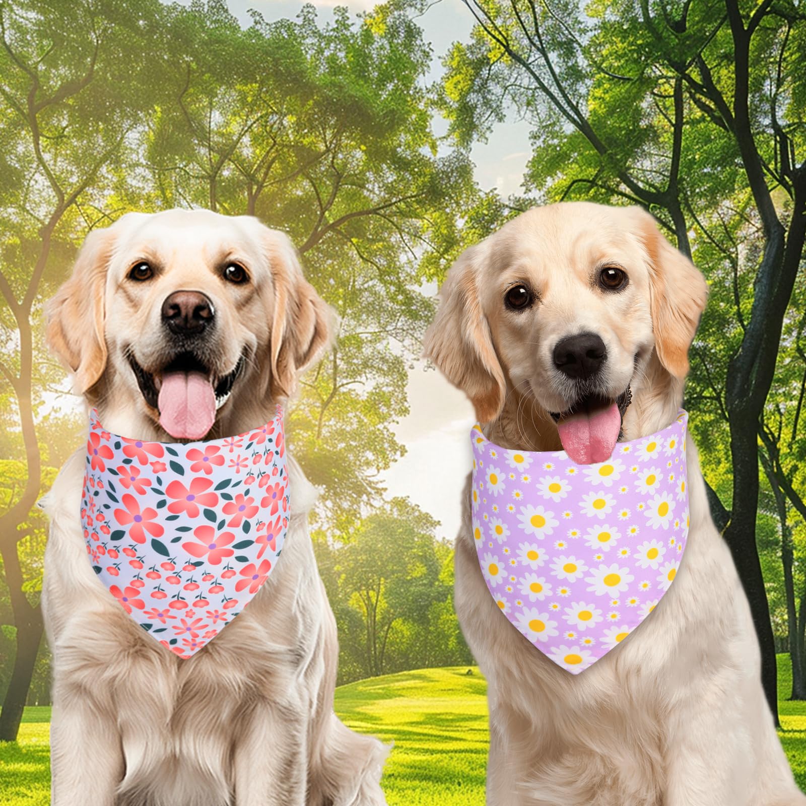 Ququle Spring Dog Bandana Girl Small 2Pcs, Pink Purple Daisy Scarf, Durable Triangle Reversible Bibs Handkerchief For Puppy Pet