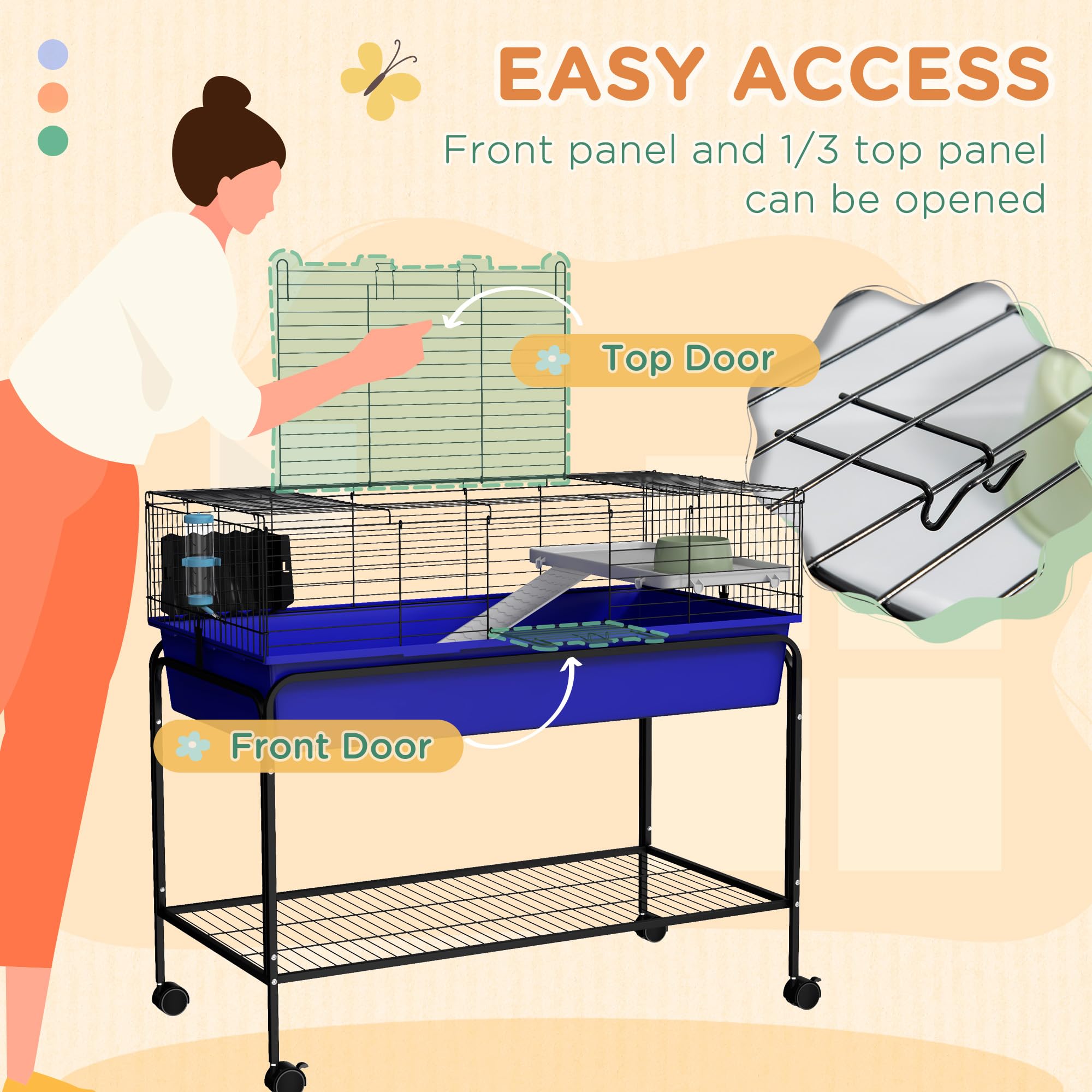PawHut Two-Story Small Animal Cage Removable From Stand, Guinea Pig, Hedgehog, Chinchilla, Ferret Habitat With Shelf & Wheels, 3