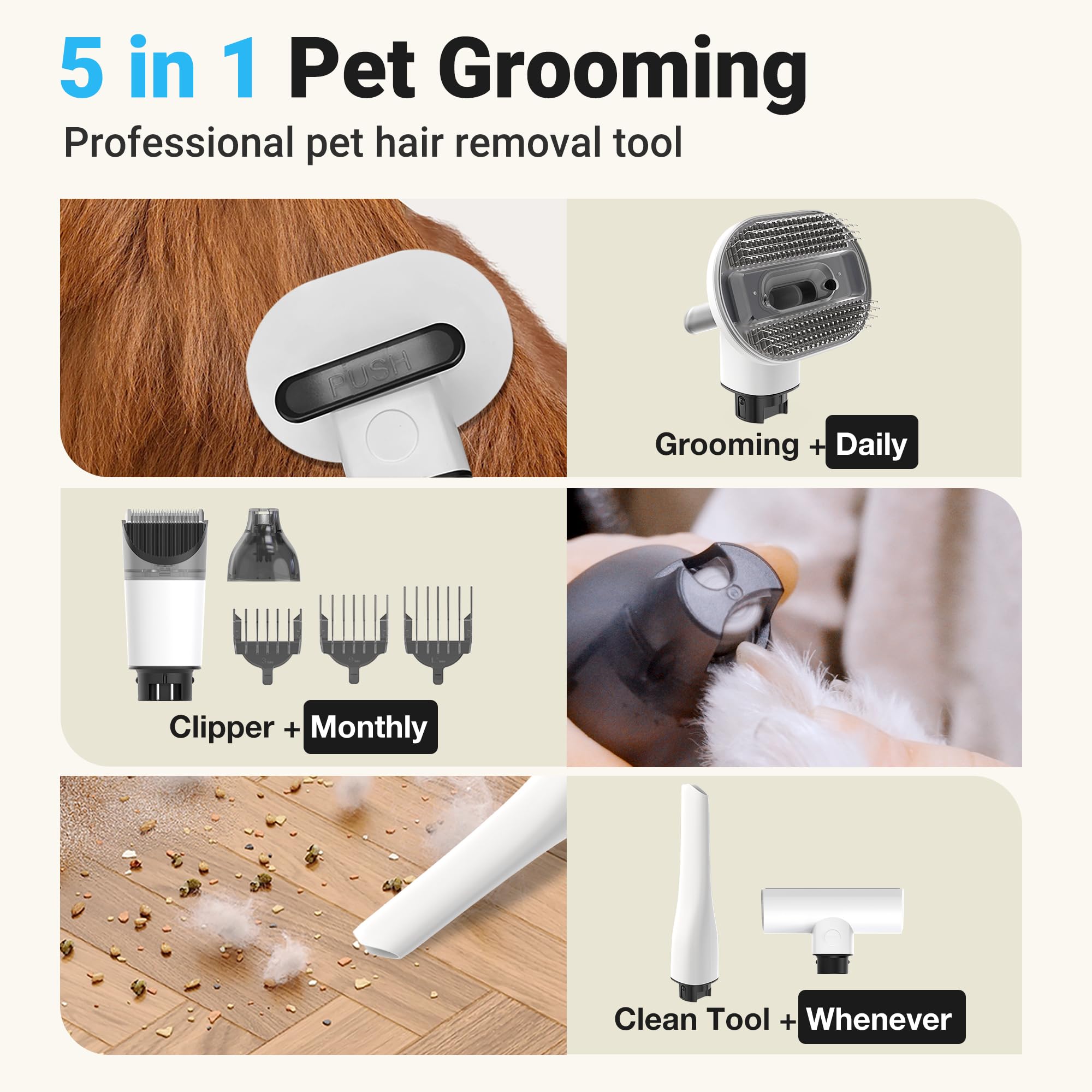 petaboo Cordless Dog Grooming Vacuum Kit, 5-in-1 Set, Low Noise, 2.2L Dust Cup, Black, Model A150-US