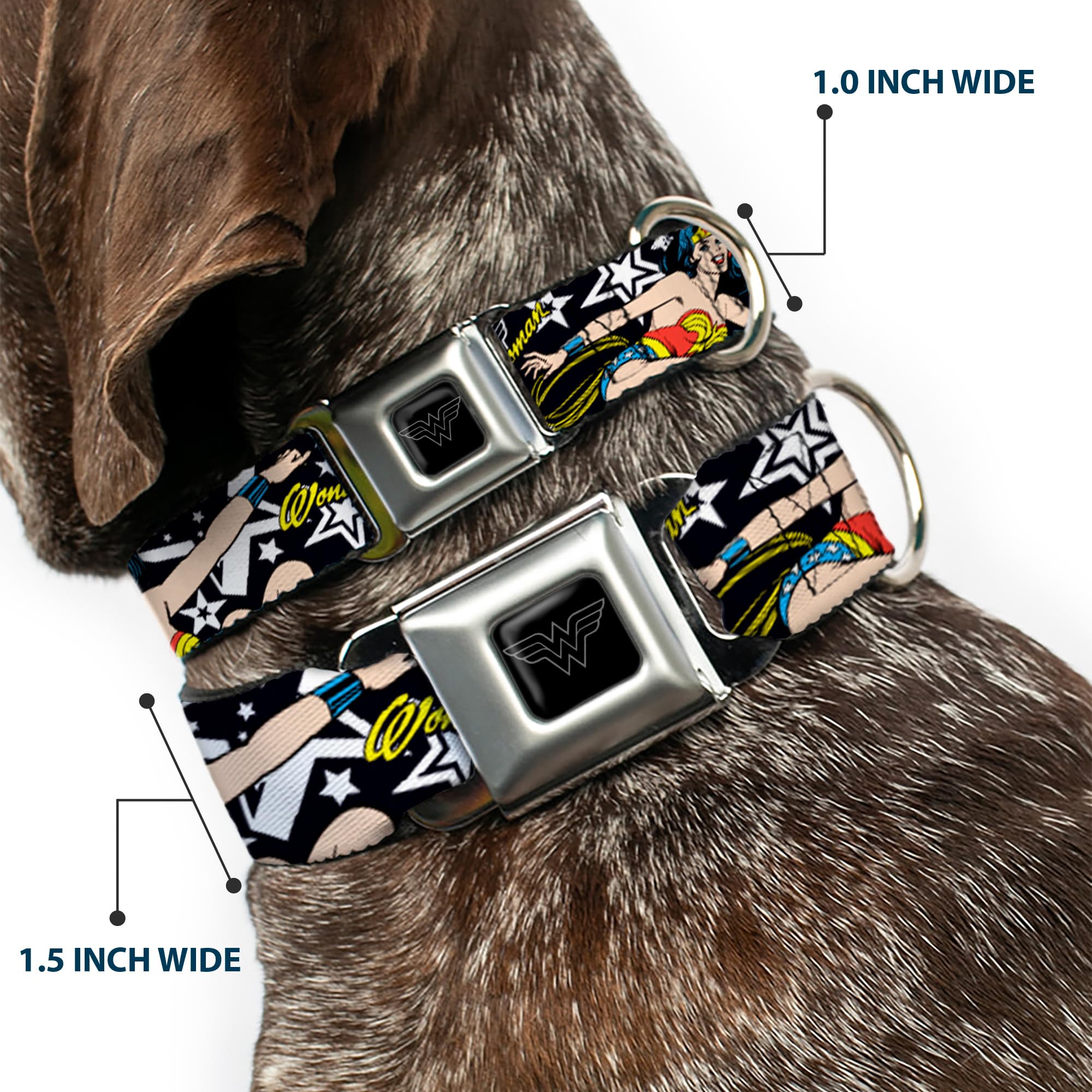 Buckle-Down Seatbelt Buckle Dog Collar - Wonder Woman/Stars Black/White - 1' Wide - Fits 9-15' Neck - Small