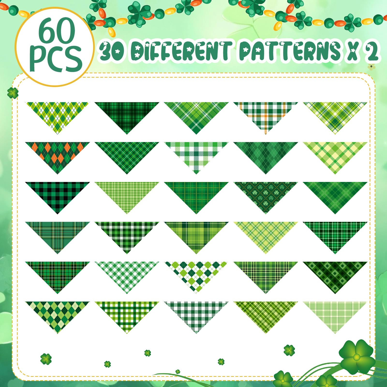 Sweetude 60 Pcs St Patrick'S Day Plaid Dog Bandanas Bulk St Patrick'S Pet Scarf Bibs Adjustable Washable Kerchief Holiday Pet Co