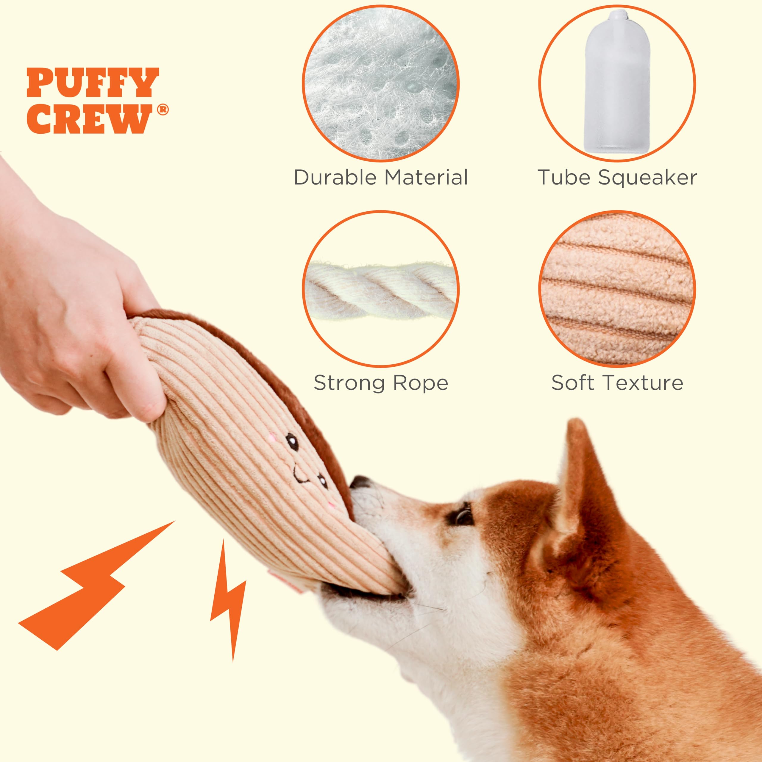Puffy Crew Squeaky Dog Plush Toy, Bakery Bite_Stick Collection, 12'', For Various Sized Dogs (Eclair, Large)