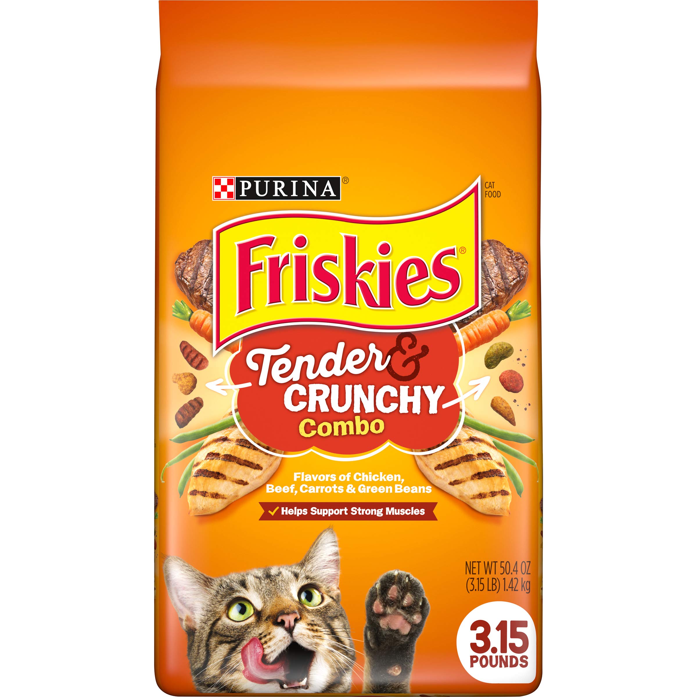 Friskies Dry Cat Food, Tenders and Crunchy Combo, Flavors of Chicken, Beef, Carrots and Green Beans, 3.15 Lb Bag
