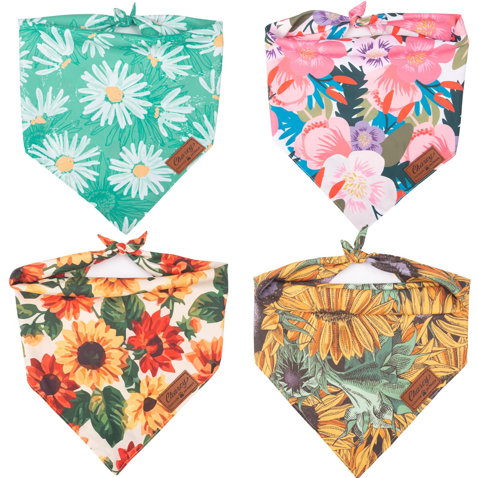 Charcy Bandanas 4 Pack, Fall Bandana For Boy Girl Dog Holiday Birthday, Adjustable Durable Scarf, Unique Design - Sunflower Tria