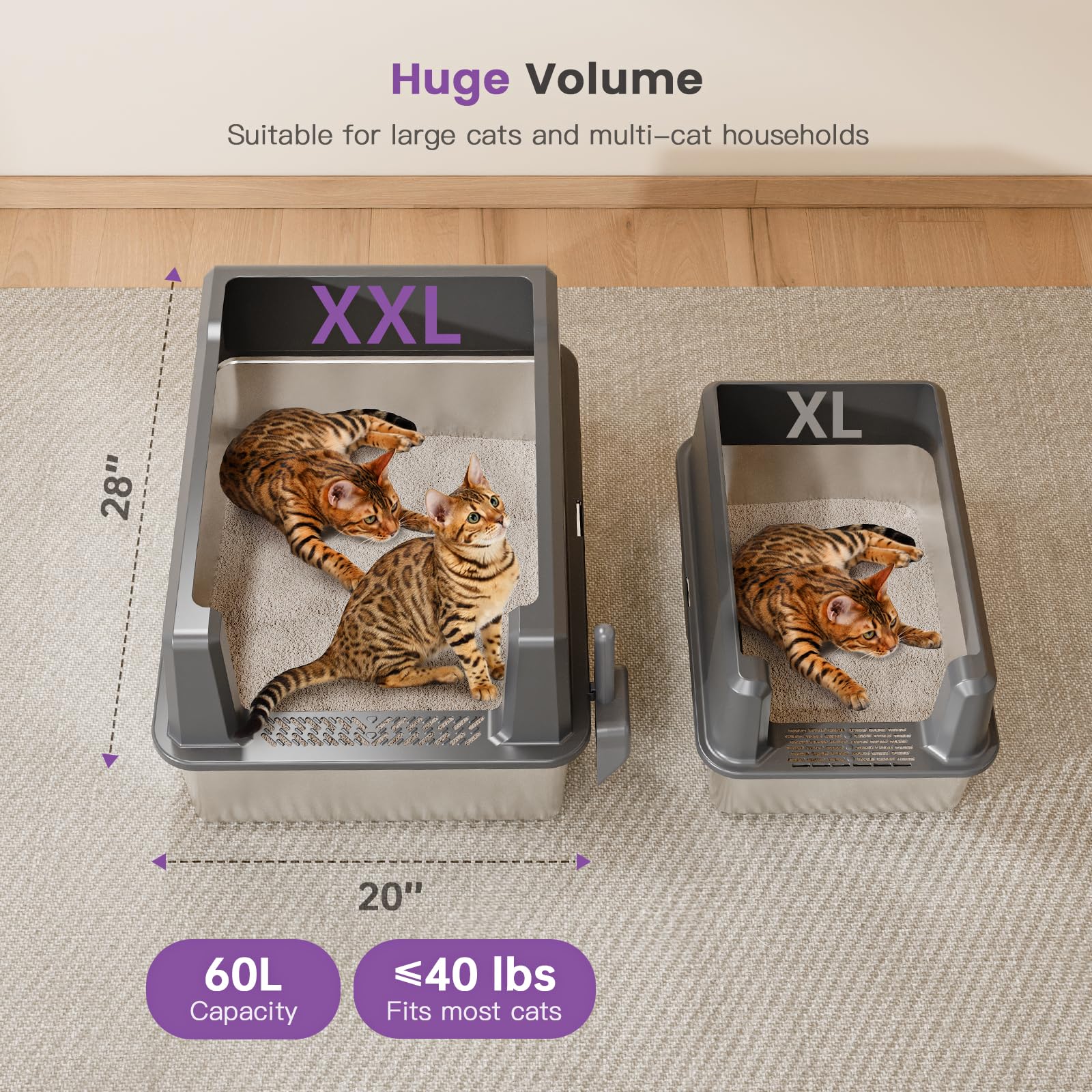 XXL Stainless Steel Cat Litter Box with High Sided, 28 L x 20 W x 14 H Extra Large Litter Box for Big Cats and Multiple Cats, En