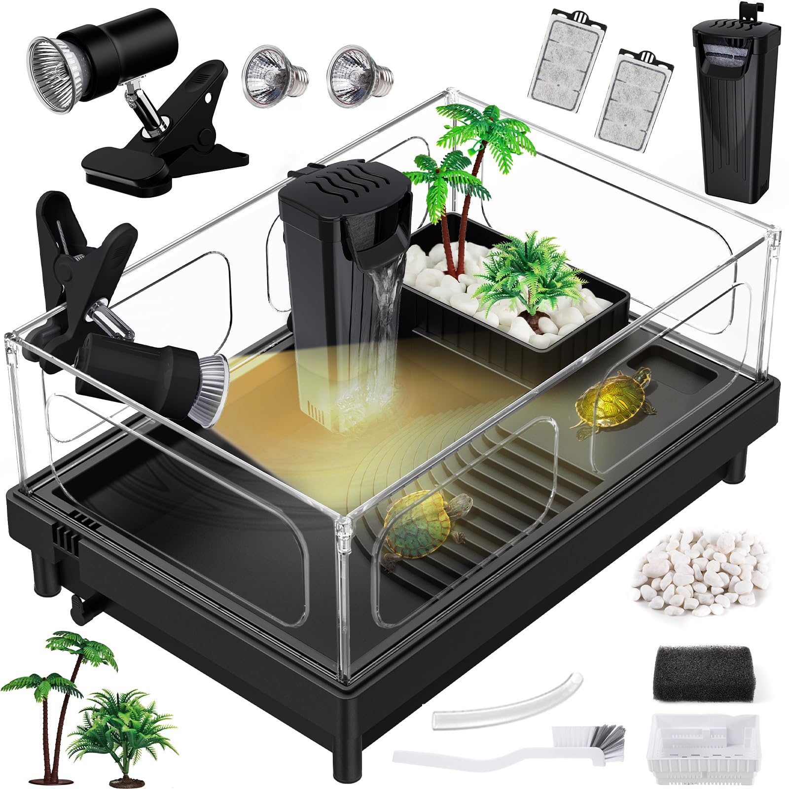 Moonorange Small Turtle Tank Kit, Acrylic Turtle Tank Starter Kit With Basking Platform, Bottom Drainage, Multi-Function Areas F