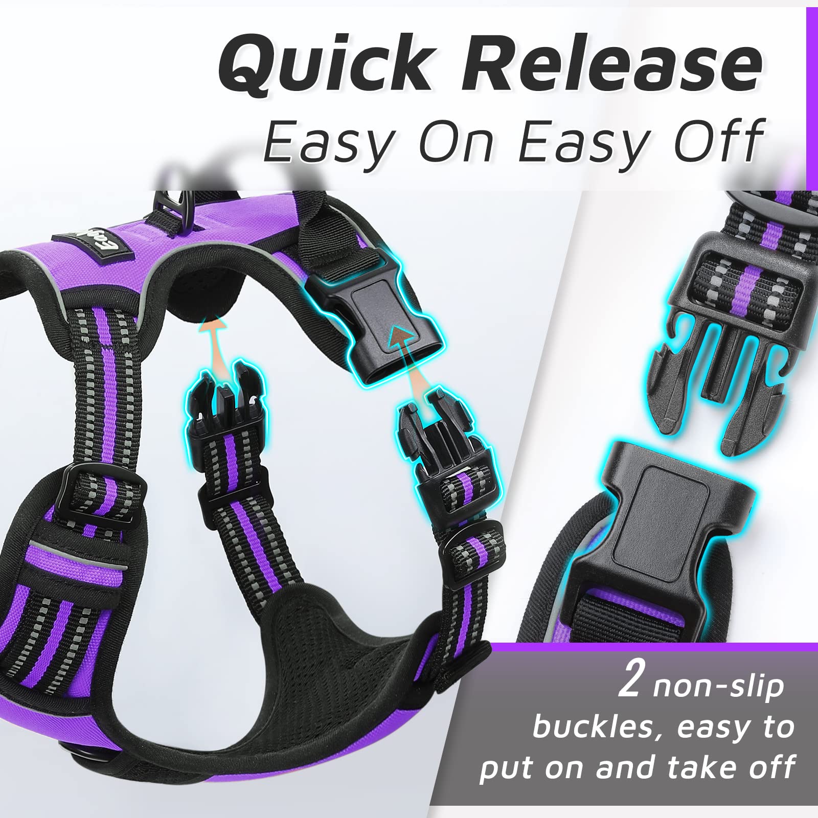 Eagloo Dog Harness Large Breed, No Pull Service Vest With Reflective Strips And Control Handle, Adjustable And Comfortable For Easy Walking, No Choke Pet Harness With 2 Metal Rings, Purple, Xl
