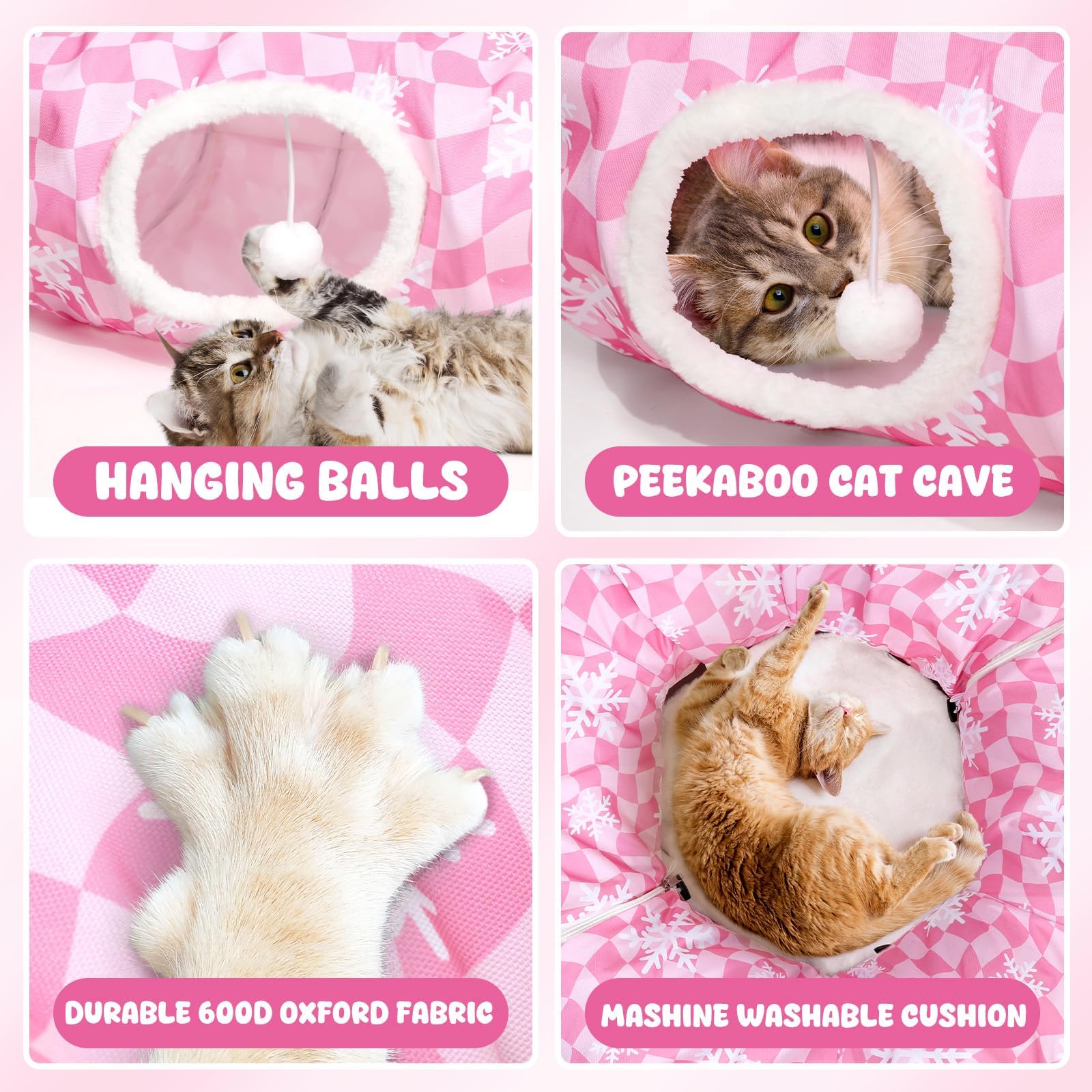 Pink Cat Tunnel Bed Peekaboo Cat Cave Donut Under Christmas Tree Pink Checker With Snowflakes Festive Decor Perfect For Small Me