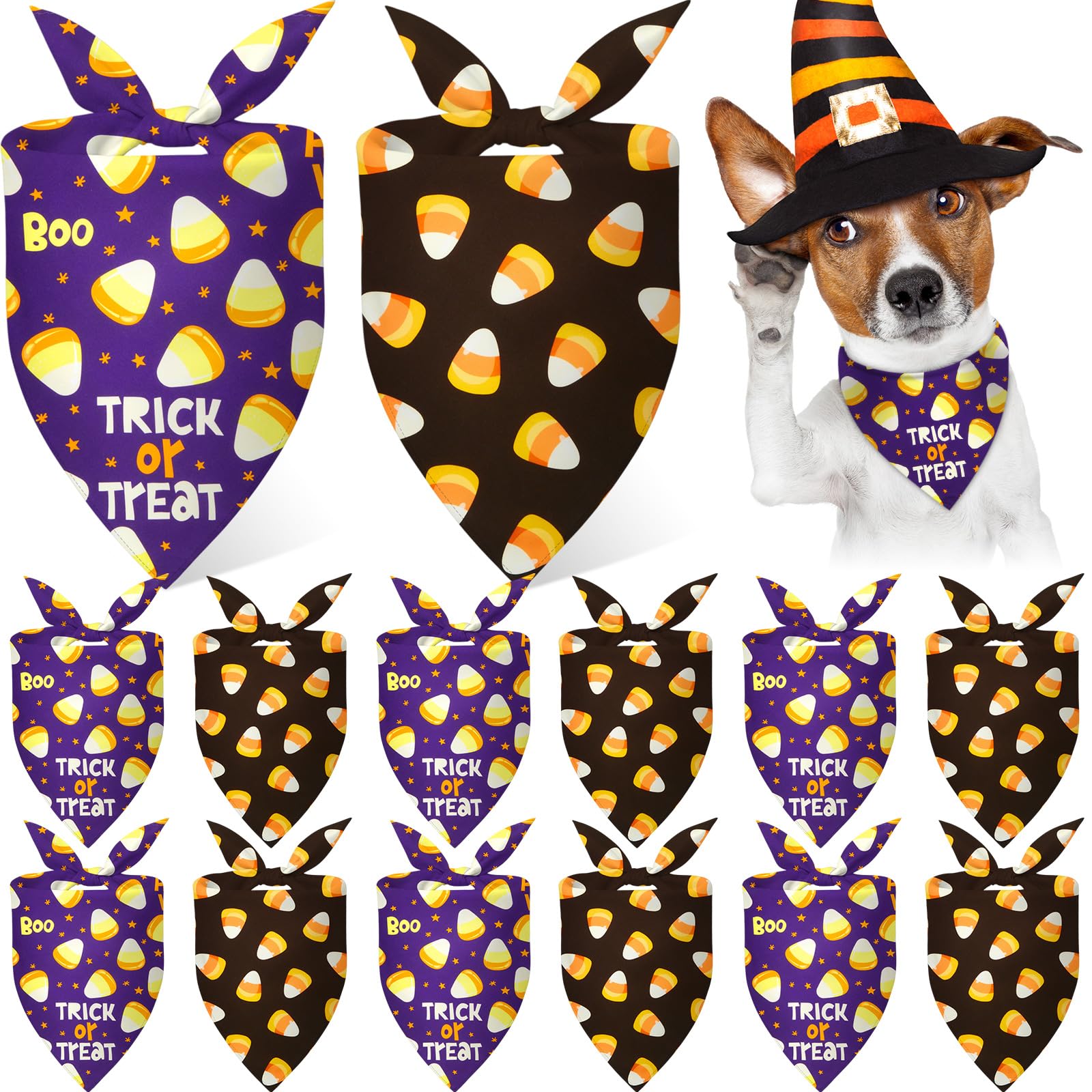 Weewooday 12 Pcs Halloween Dog Bandanas Corn Candy Bandanas for Dogs Purple and Black Triangle Kerchief Bibs Scarf Set for Puppy