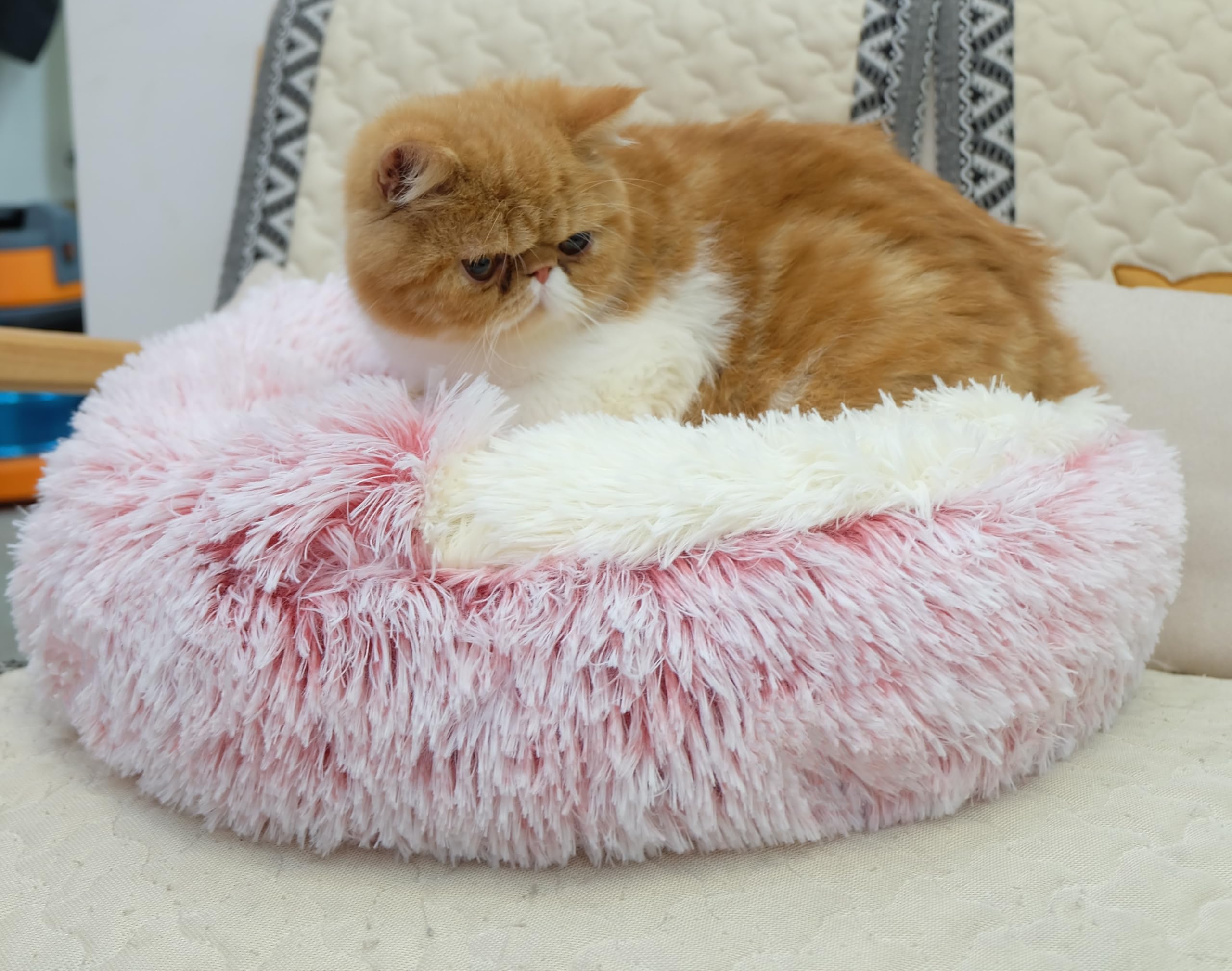 Zanesun Calming Round Dog Bed & Cat Cave With Hooded Cover, Plush Fluffy Anti-Anxiety Cat Bed, Waterproof Bottom Washable (Pink,