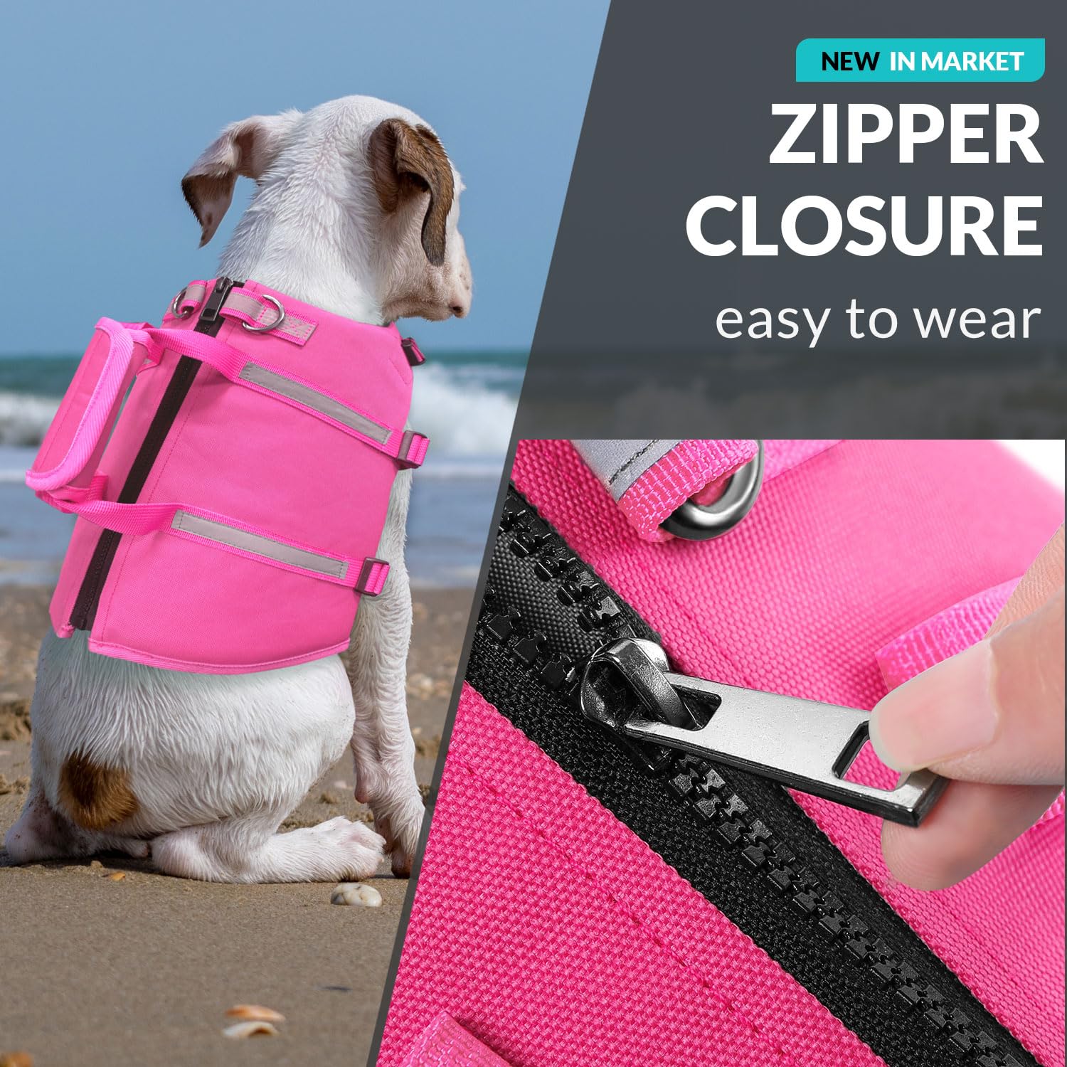 Queenmore Large Dog Life Jacket - Fuchsia, Lightweight, Adjustable, Reflective, with Back Zip & Rescue Handle