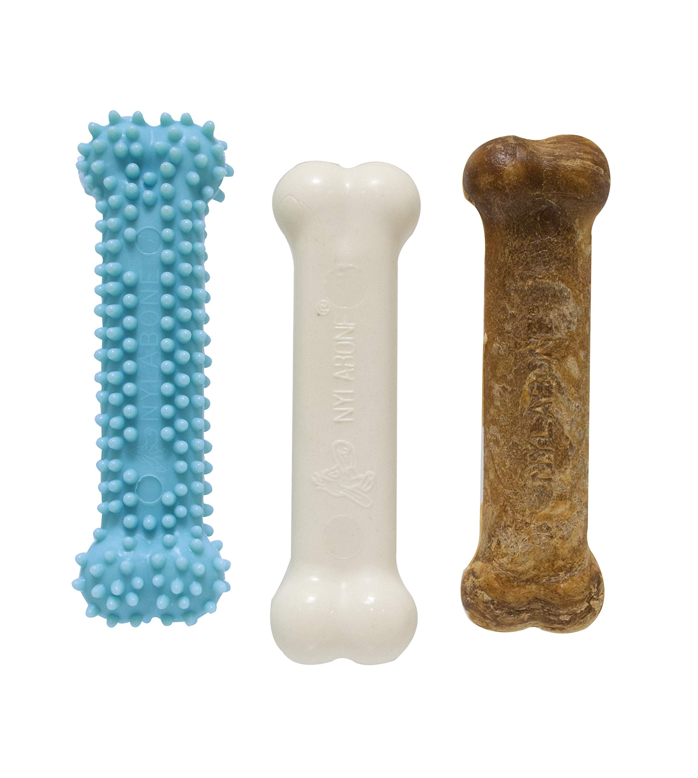 Nylabone Puppy Chew Toys & Natural Treat Triple Pack, Blue, Chicken & Bacon Flavor, Small - Up To 25 Ibs, 3 Pack