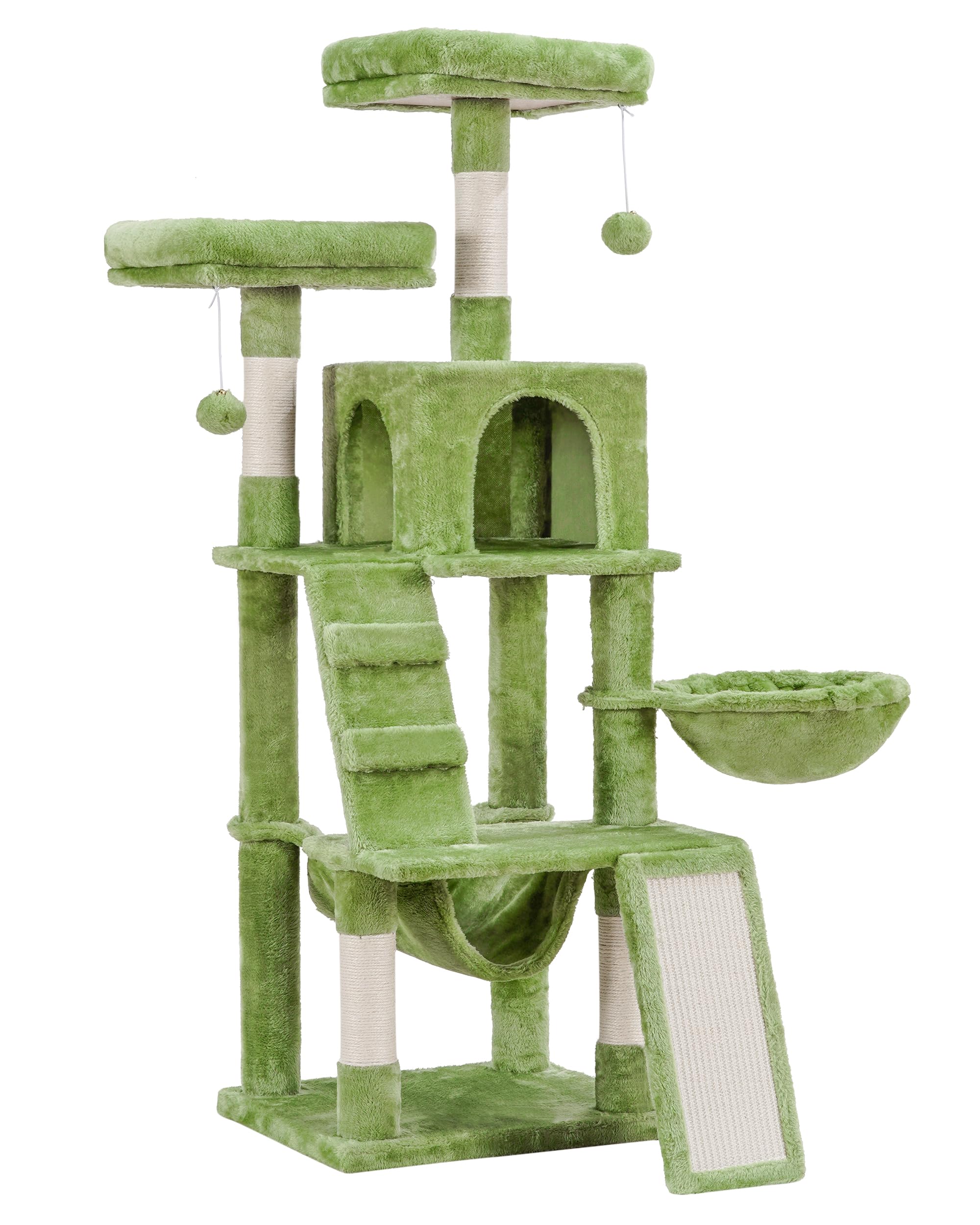 Heybly Cat Tree, Cat Tower For Indoor Cats,Multi-Level Cat Furniture Condo For Cats With Padded Plush Perch, Cozy Basket And Scratching Board Smoky Green Hct014Gr