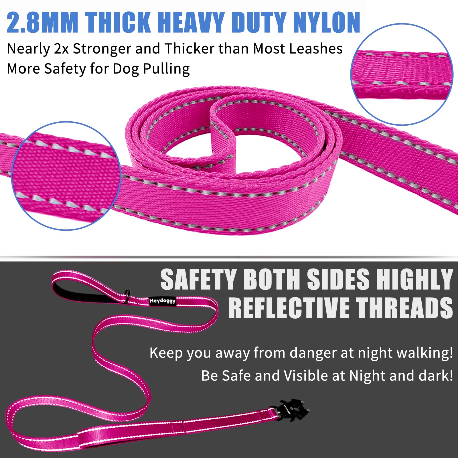 Strong Heavy Duty Dog Leash - 6Ft Reflective Nylon Training Leash With Soft Padded Double Handle & Auto Lock Frog Clip, Safety T