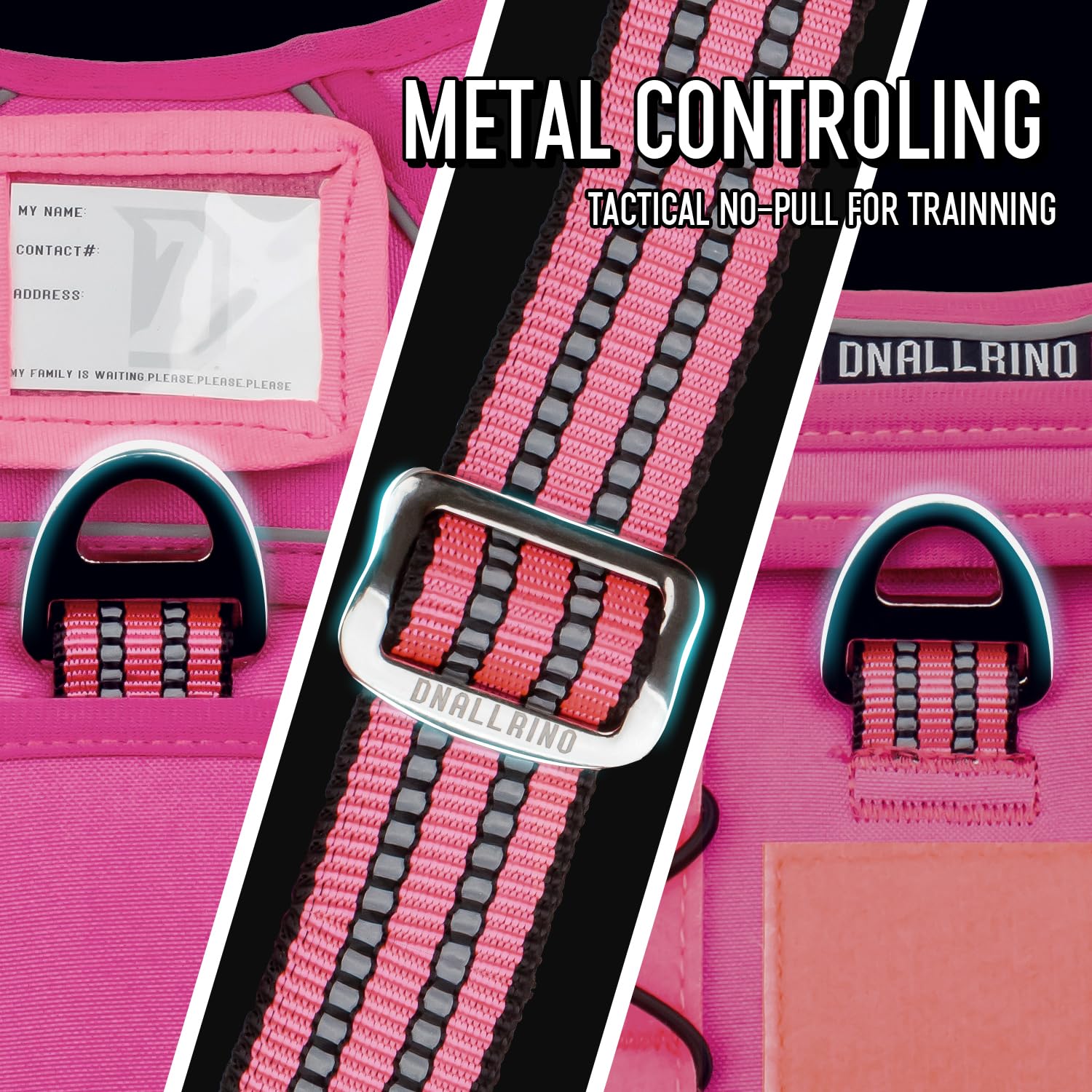 Dnallrino Tactical Dog Harness For Medium Large Dogs, Pink Dog Harness With Id Card, Reflective Hiking Harness For Training Easy