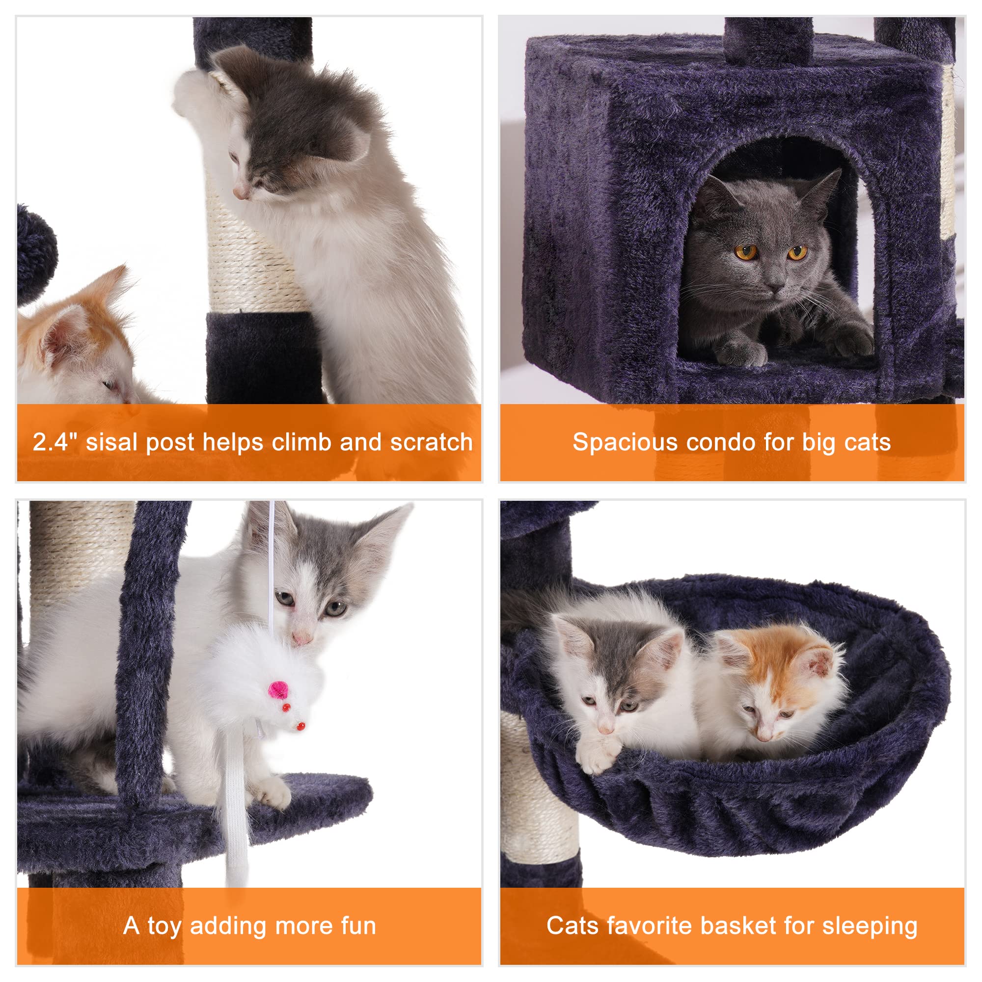 Heybly Cat Tree With Toy, Cat Tower Condo For Indoor Cats, Cat House With Padded Plush Perch, Cozy Hammock And Sisal Scratching Posts, Smoky Gray Hct004Sg