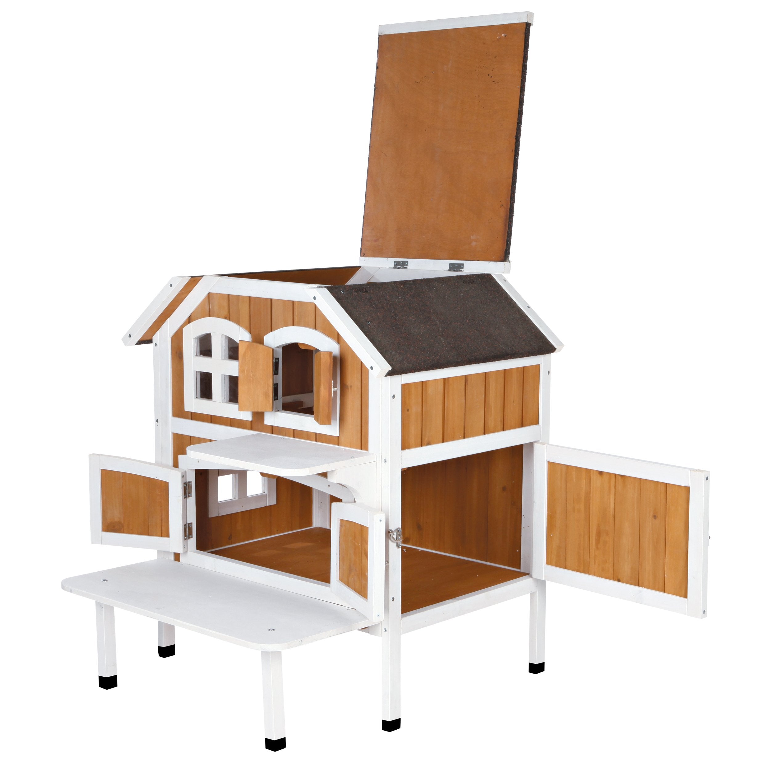 Trixie 'Welcome' Outdoor Cat House, Elevated-Weatherproof 2-Story Cat Home, Hinged Roof, Large Access Door, Indoor/Outdoor Shelt