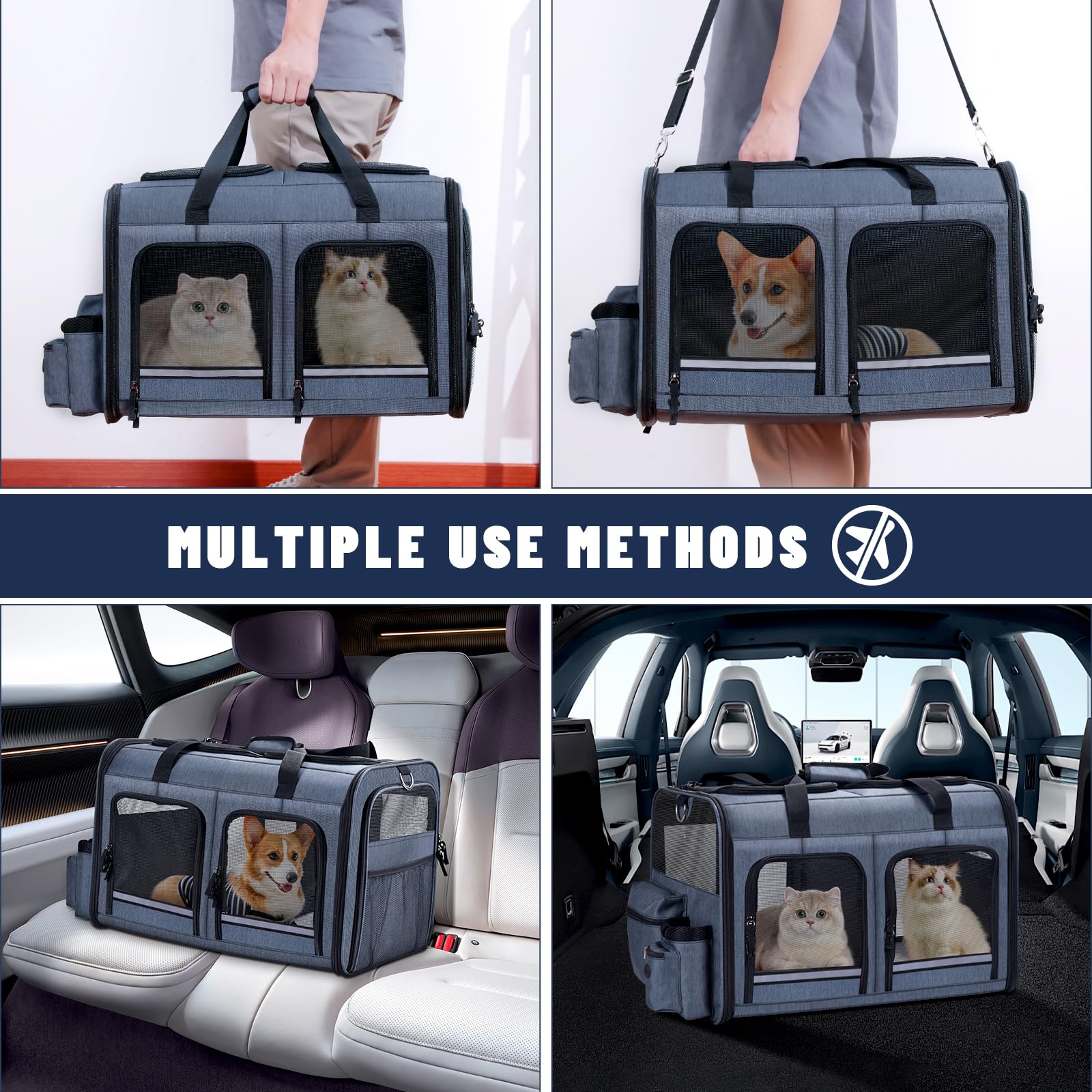 Groxkox Cat Carrier for 2 Cats, Foldable Double Cat and Dog Carrier, Small to Medium Size, 2 Front Zippered Compartments,Two Pet