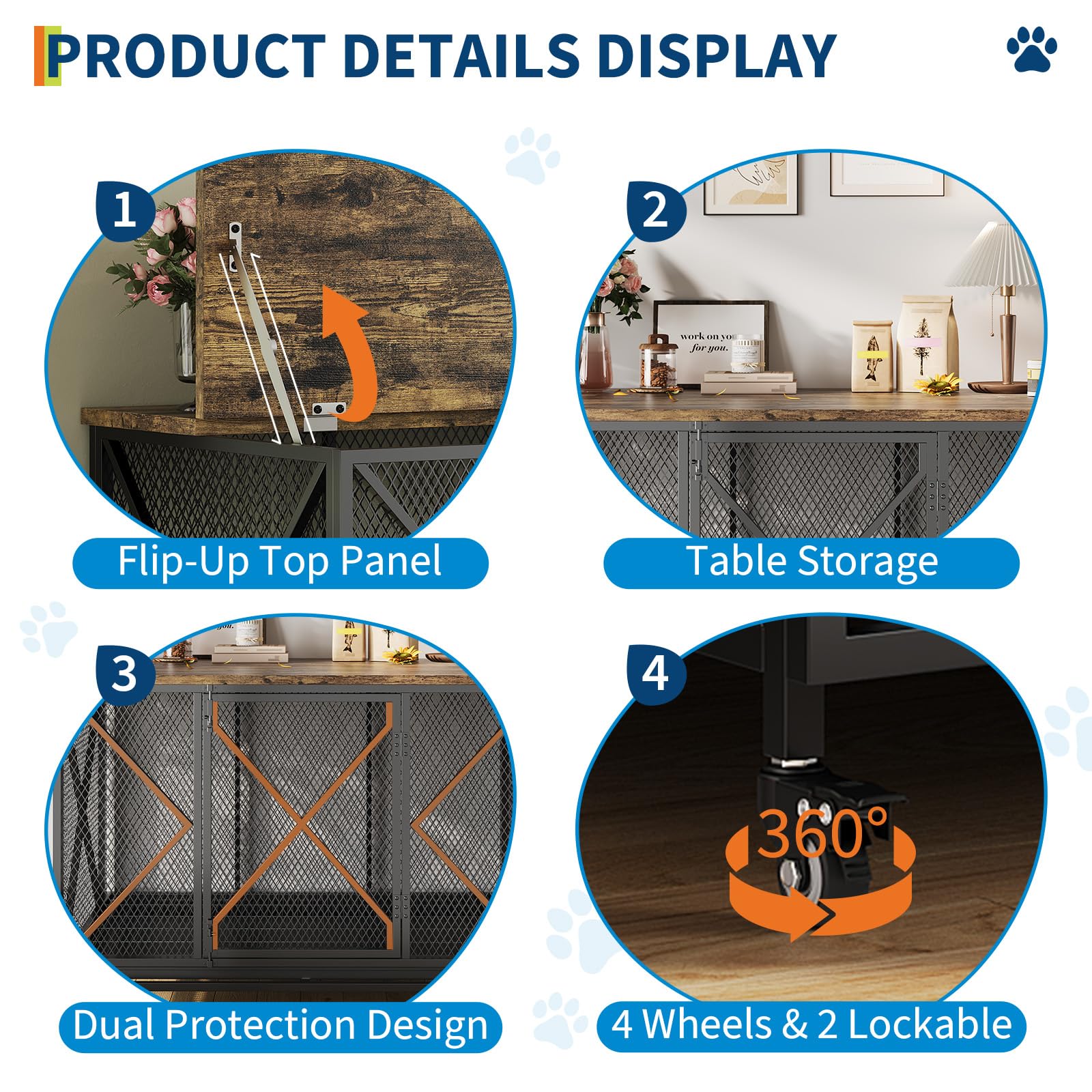 GarveeLife 48 in Heavy Duty Dog Crate Furniture with Wheels, Flip Top Dog Kennel End Table with Removable Tray, Multi-Functional