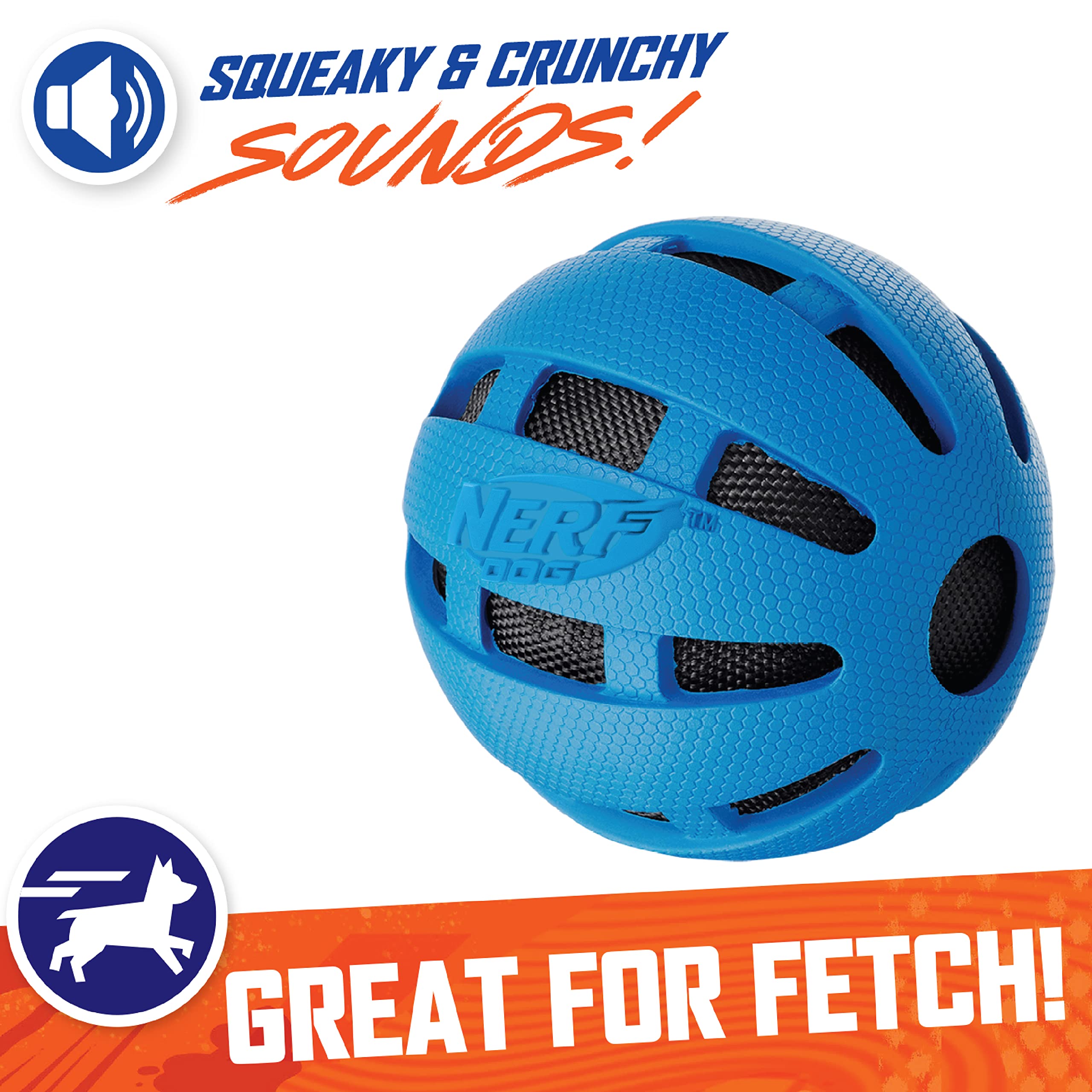 Nerf Dog Rubber Ball Dog Toy, Medium/Large, Blue, Model 7009, Crunch & Squeak Feature