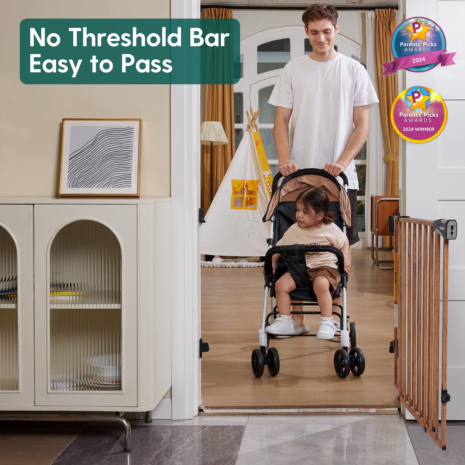 Babelio 34' Extra Tall Baby/Dog Gate With No Threshold Design Walk Thru Door, 26-43' Auto Close Safety Gate For Babies, Elders And Pets, Fits Doorways, Stairs, And Entryways, Brown Wood Pattern