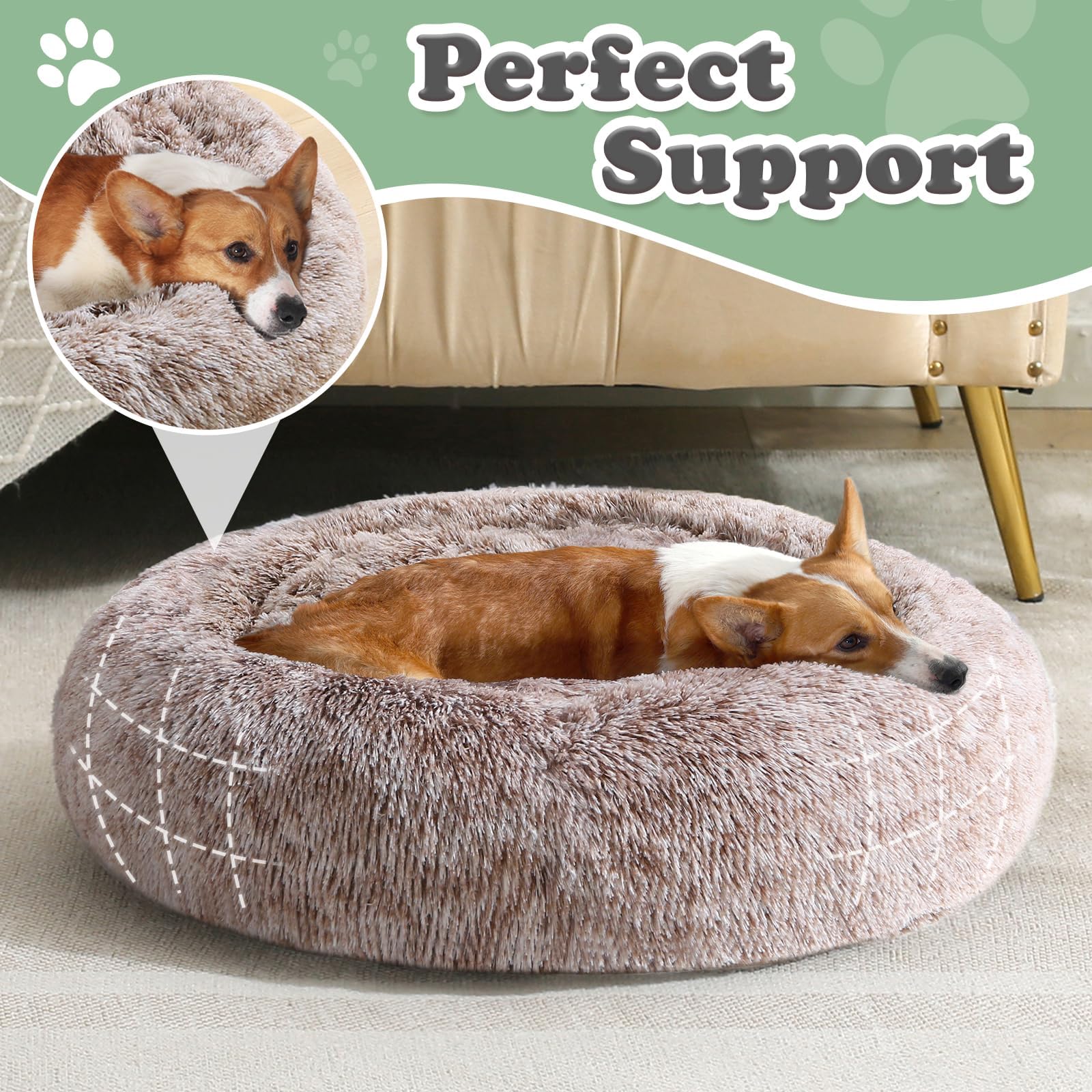JOLLYVOGUE Dog & Cat Bed, Calming Faux Fur Donut Cushion for Small Pets, 20" Brown