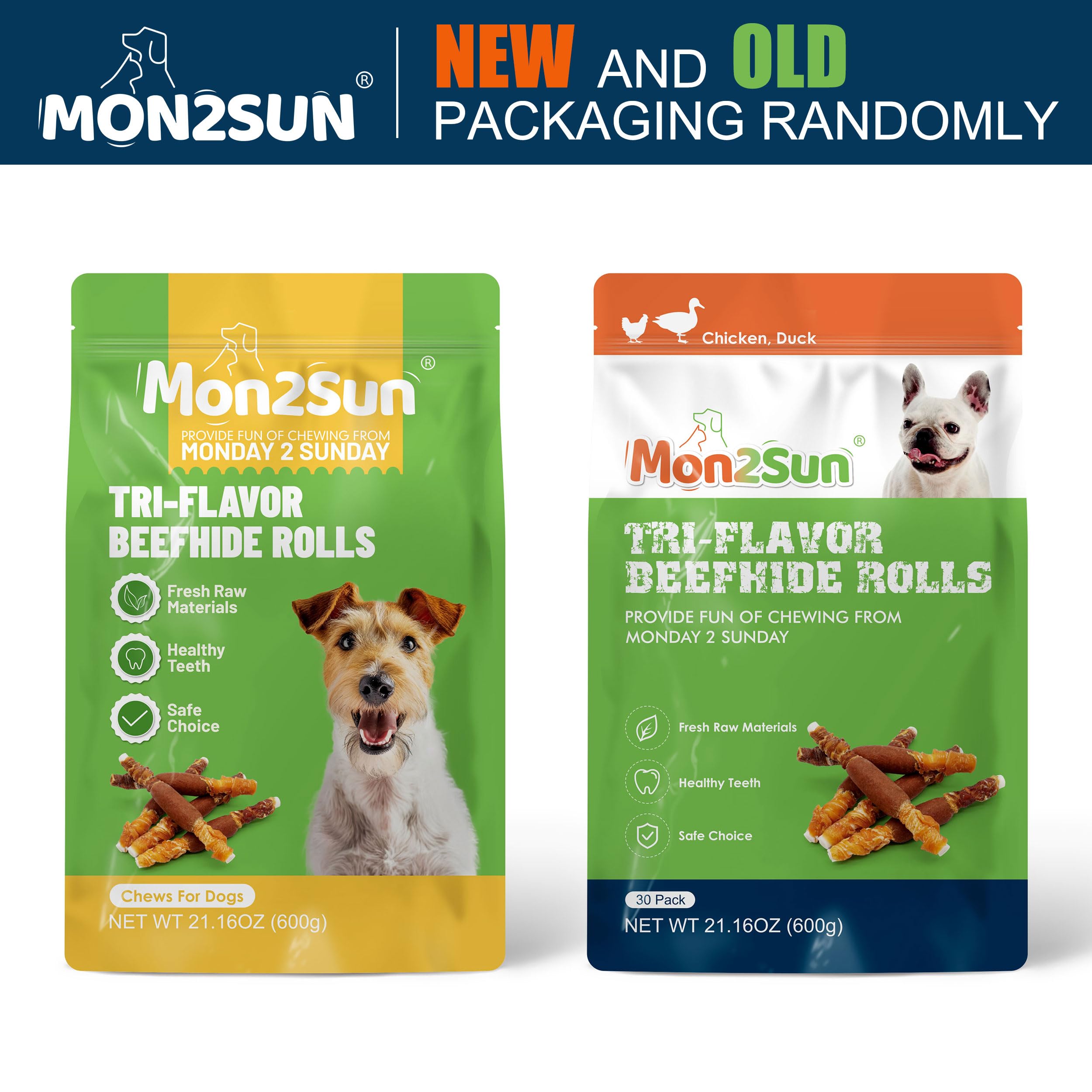 MON2SUN Dog Treats, Triple Flavor 5 Inch Chicken Liver Duck and Chicken Wrapped Rawhide Snacks for Small and Medium Dogs, 21.16