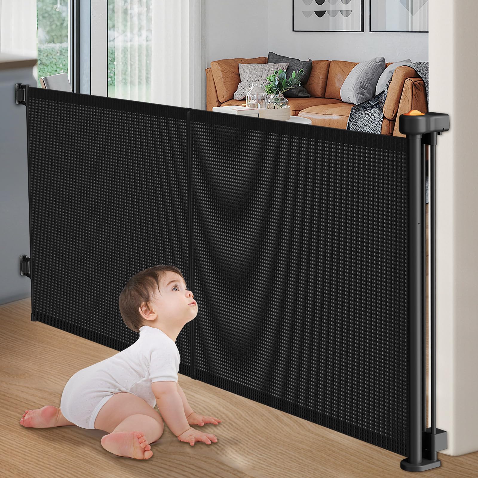 Upgrade Retractable Baby Gates, 35 Tall Extends up to 60 Wide, Mesh Dog Gate Indoor for Stairs, Outdoor Reinforced Pet Gate with