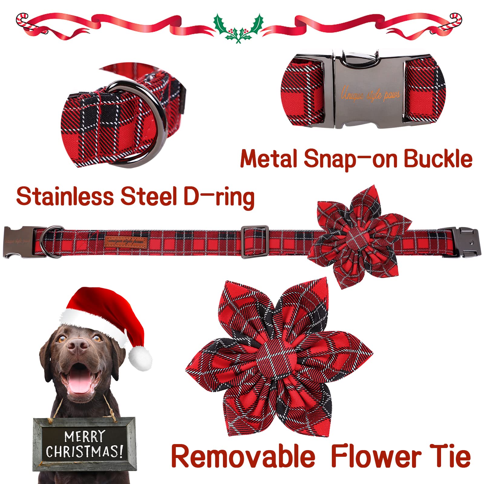 Unique Style Paws Christmas Dog Collar With Flower Tie Red Black Grid Cotton Collar Adjustable Puppy Plaid Collar For Small Medium Large Dogs-Xl