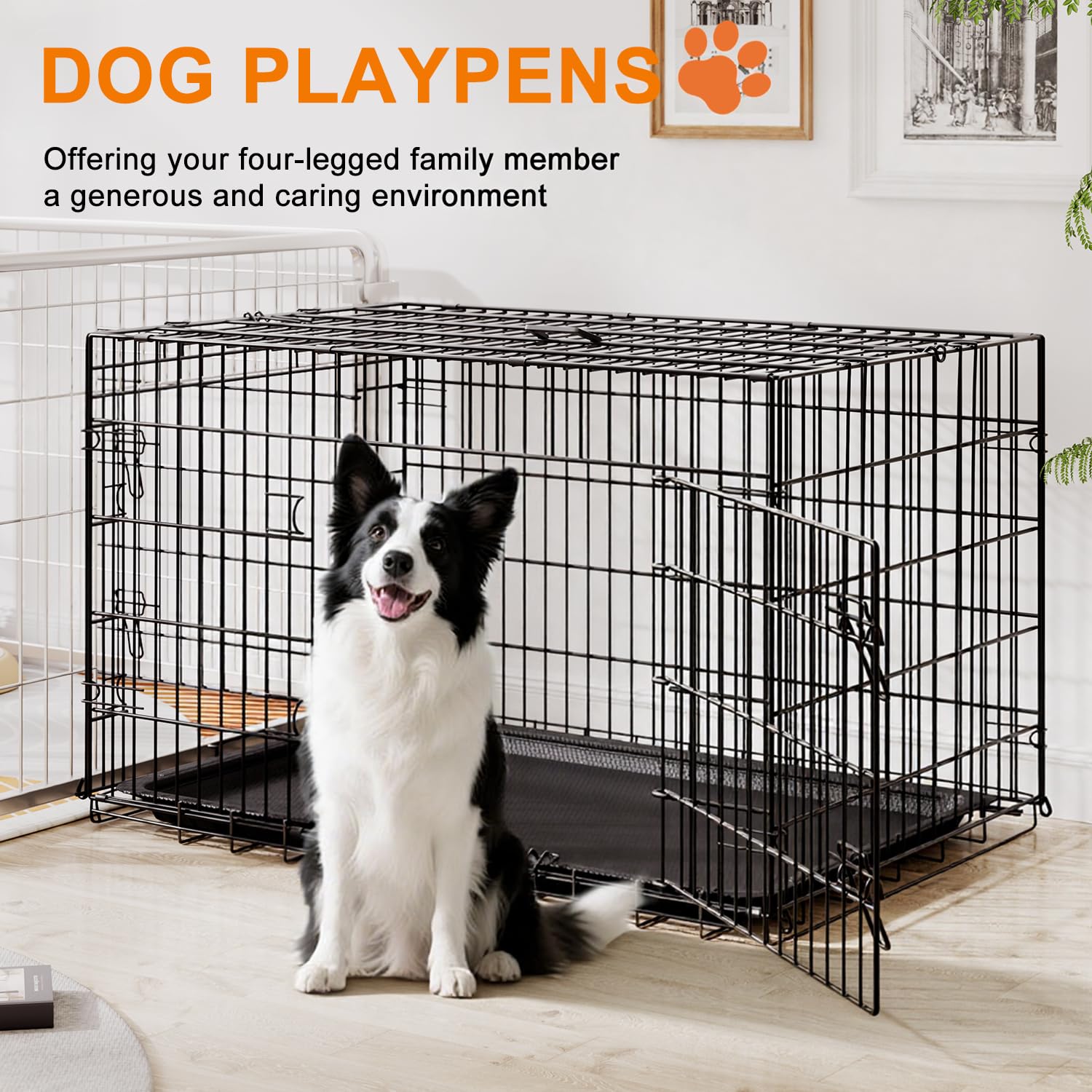 FDW Large Dog Crate 42inch Dog Cage Foldable Metal Kennel with Leakproof Tray Foldable Design Indoor Outdoor Use for Large Dogs,